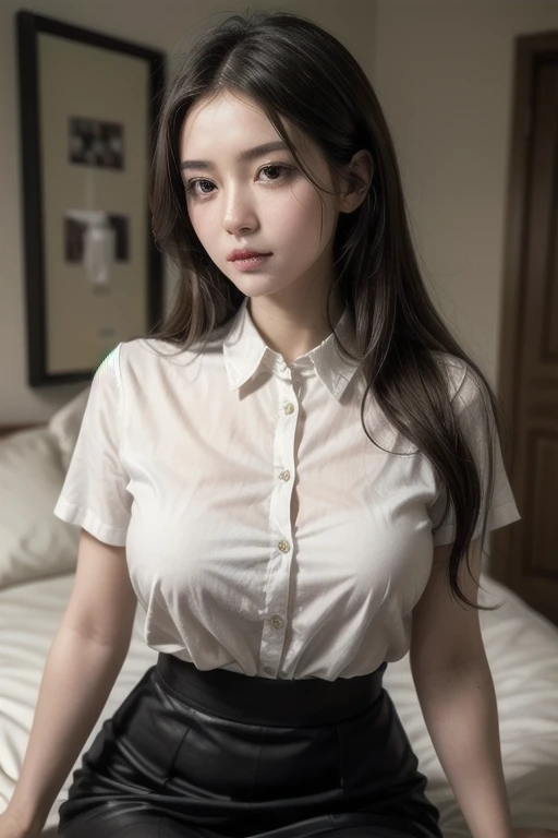 absurdres, RAW photo, extremely delicate and beautiful, masterpiece, Best Quality, ultra high resolution, 32k, hyperrealistic, ultra-detailed, in her 20s, delicate facial features, tearful mole, earring, very huge round breasts, full body shot, shorter middle hair, wavy hair, ((school uniform)), bedroom,