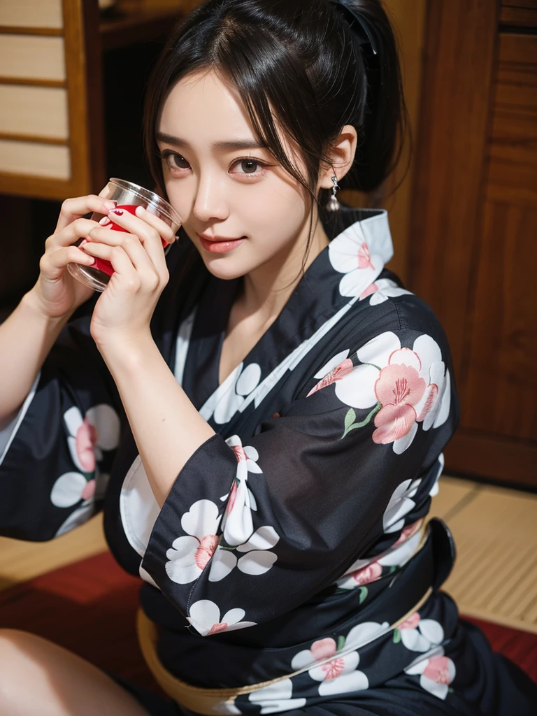 {{masterpiece}}, {{best quality}}, {ultra-detailed}, {{kawaii}}, cute, {lovely}, {{sexy}}, {ero}, {{extremely detailed}}, 4K, {8K}, best quality, {beautiful}, look down from above, Japanese-style room, a pretty woman, solo, kimono, japanese cloth, beautiful rainbow hair0, {beautiful eyes}, wine glass, wine0