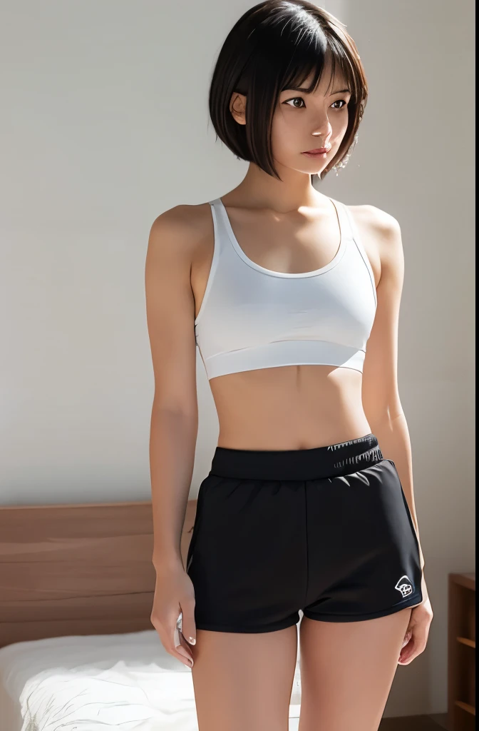 (Best Quality, High Resolution, Masterpiece: 1.3), A tall and beautiful woman, slender abs, dark brown hair, loose wavy shape, breasts, sports bra and sport shorts, morning, in sweat after jogging on a road, with less vehicles, details of face and skin texture beautifully presented, detailed eyes, double eyelids