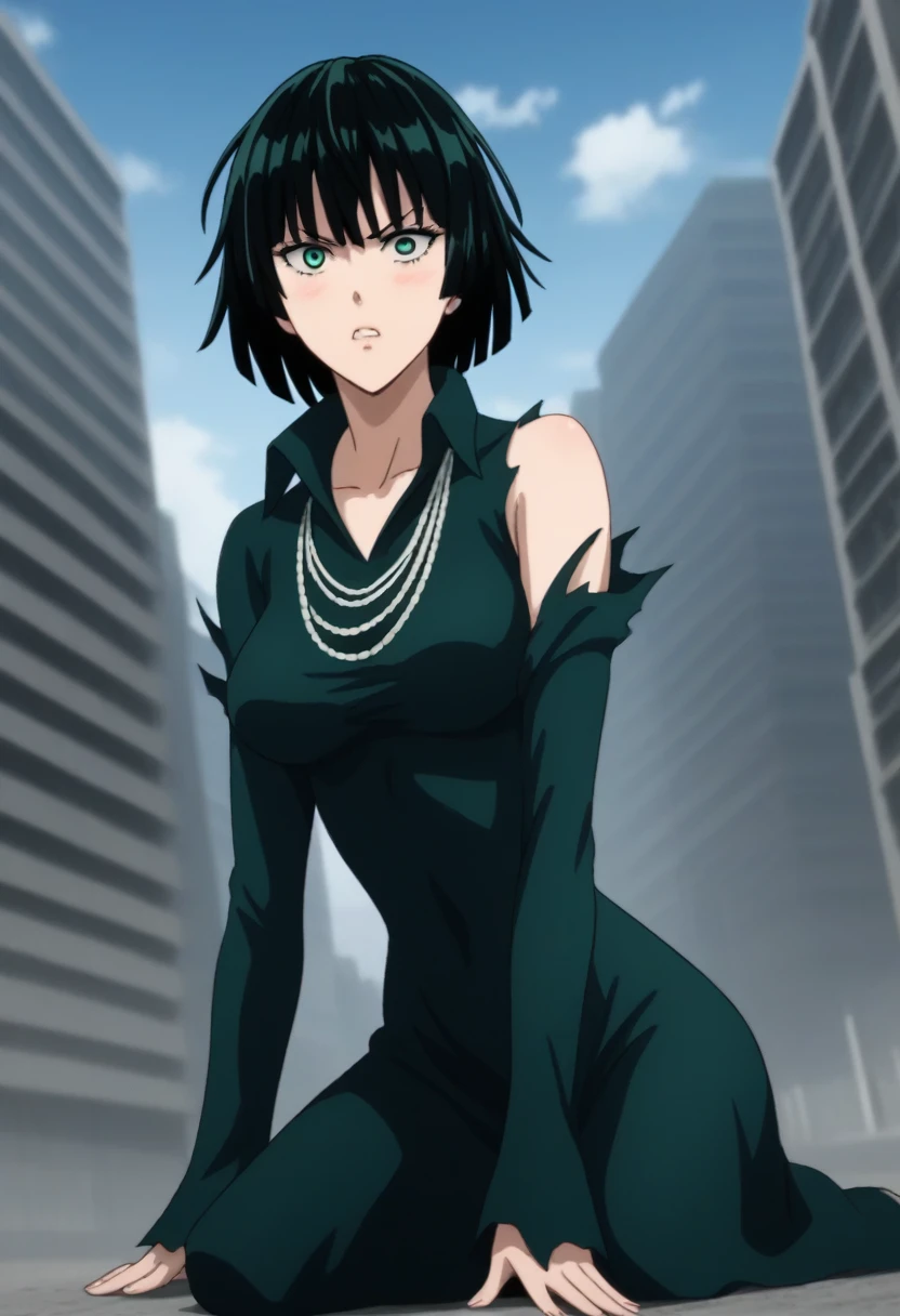 score_9, score_8_up, score_7_up, sauce_anime, ambient light,                                                                                                                                                                             
fubuki, fubuki \(one-punch man\), black hair, green eyes, short hair,,,, wince, frown,                       
nsfw, (show off breast),, torn black dress, dress,, high collar, jewelry, necklace, off shoulder, taut clothes, taut dress,, in panties,                                                                                                                                                                                                                   
outdoors,, city ,realistic city, (kneeling),                                                                                                                                              
cowboy shot,, looking at below, solo, dutch angle, blush,, , clenched teeth,,, large breasts