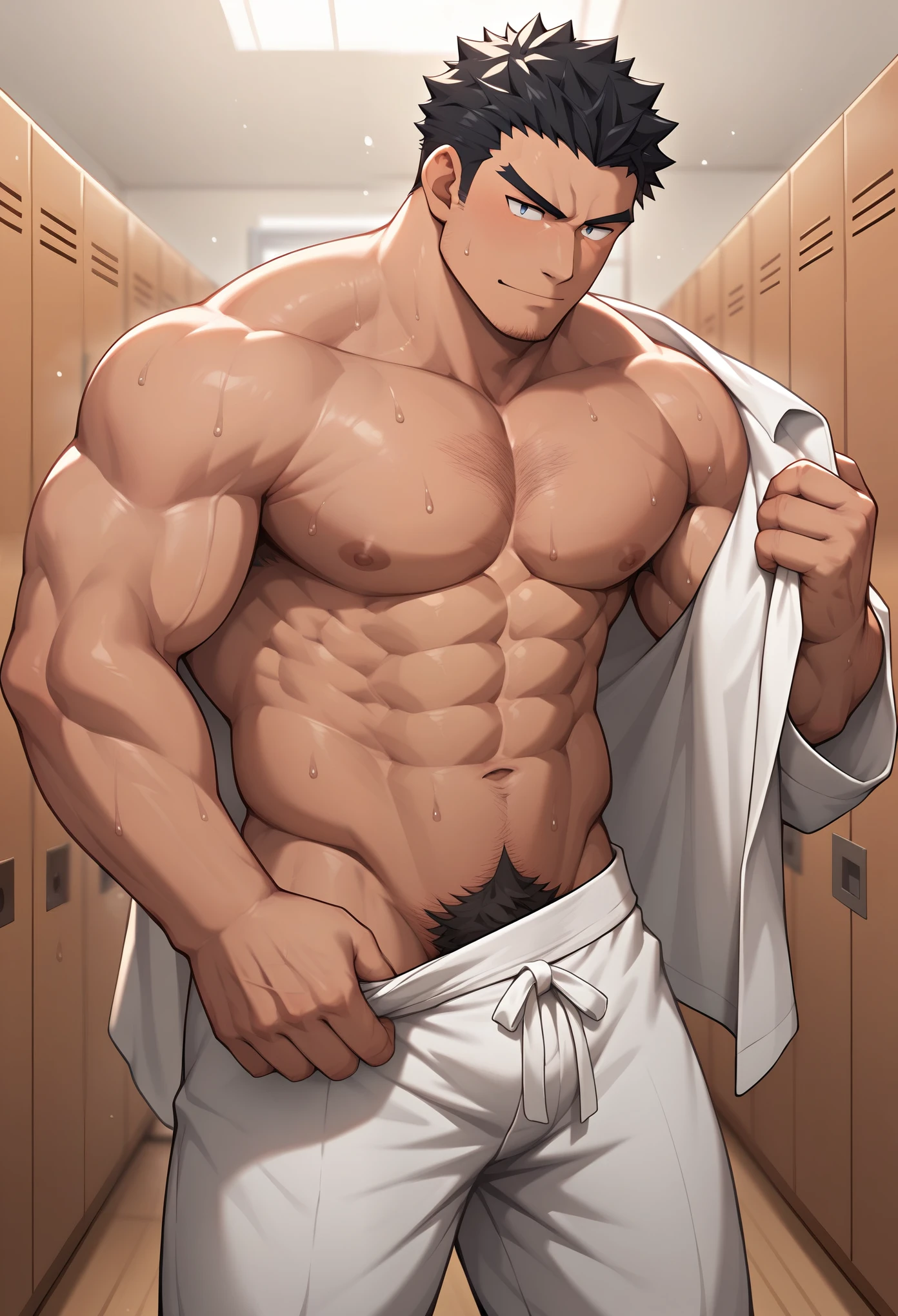 Judo club, changing room, undressing, Japanese male, sweat, short hair, black hair, chest hair, galandou