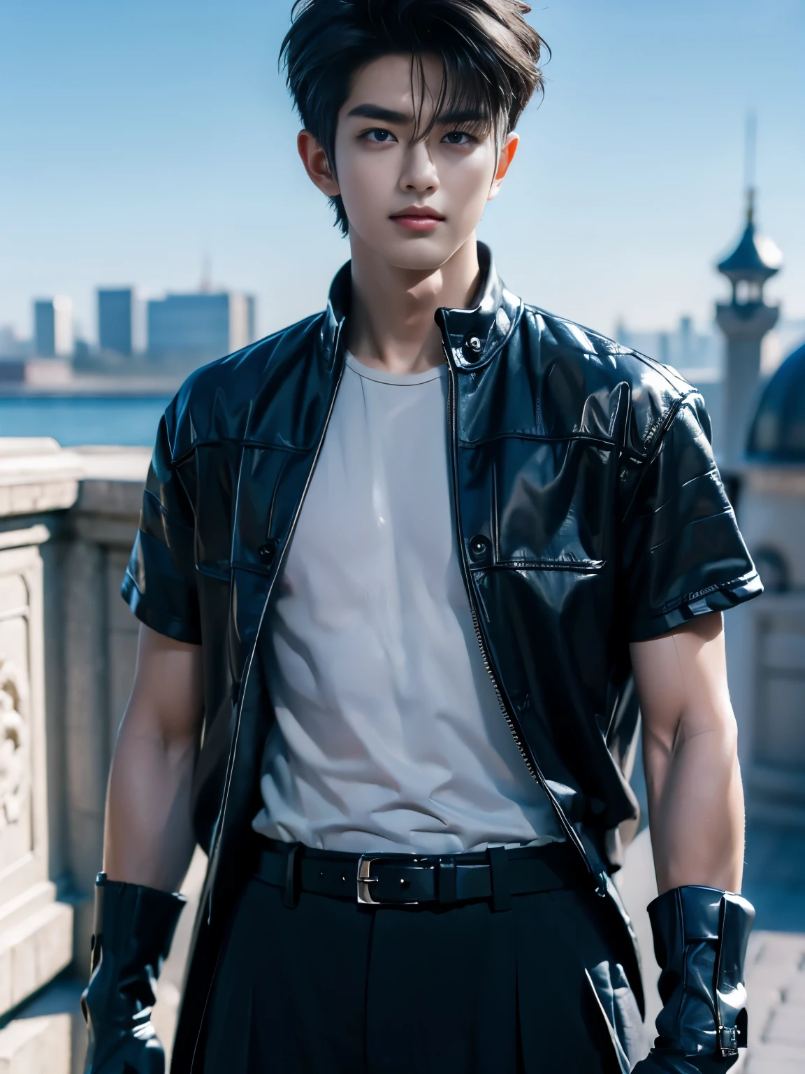 (masterpiece, realistic, absurdres:1.2), (photorealistic:1.5), RAW photo, high resolution, best quality, 8K,1boy, Noctis, ulzzang boy, chinese boy, very handsome, perfect face, intricate detail, Extremely detailed, professional photography, Bright colors, Clear focus, perfect hair, young man, (black see through shirt:1.2), muscular, slim muscular, (perfect hands, 5 fingers) , clear and beautiful detailed eyes, perfect eyes, Playful expression, abs, soft skin, detailed skin, detailed highlights and shadows, Excellent body proportions, Correct anatomy, looking at camera, male focus, black jacket, fingerless gloves, belt, black pants, boots, gentlesunlight, Cinematic Lighting, Warm colors, full-body shot, ornate futuristic castle background,