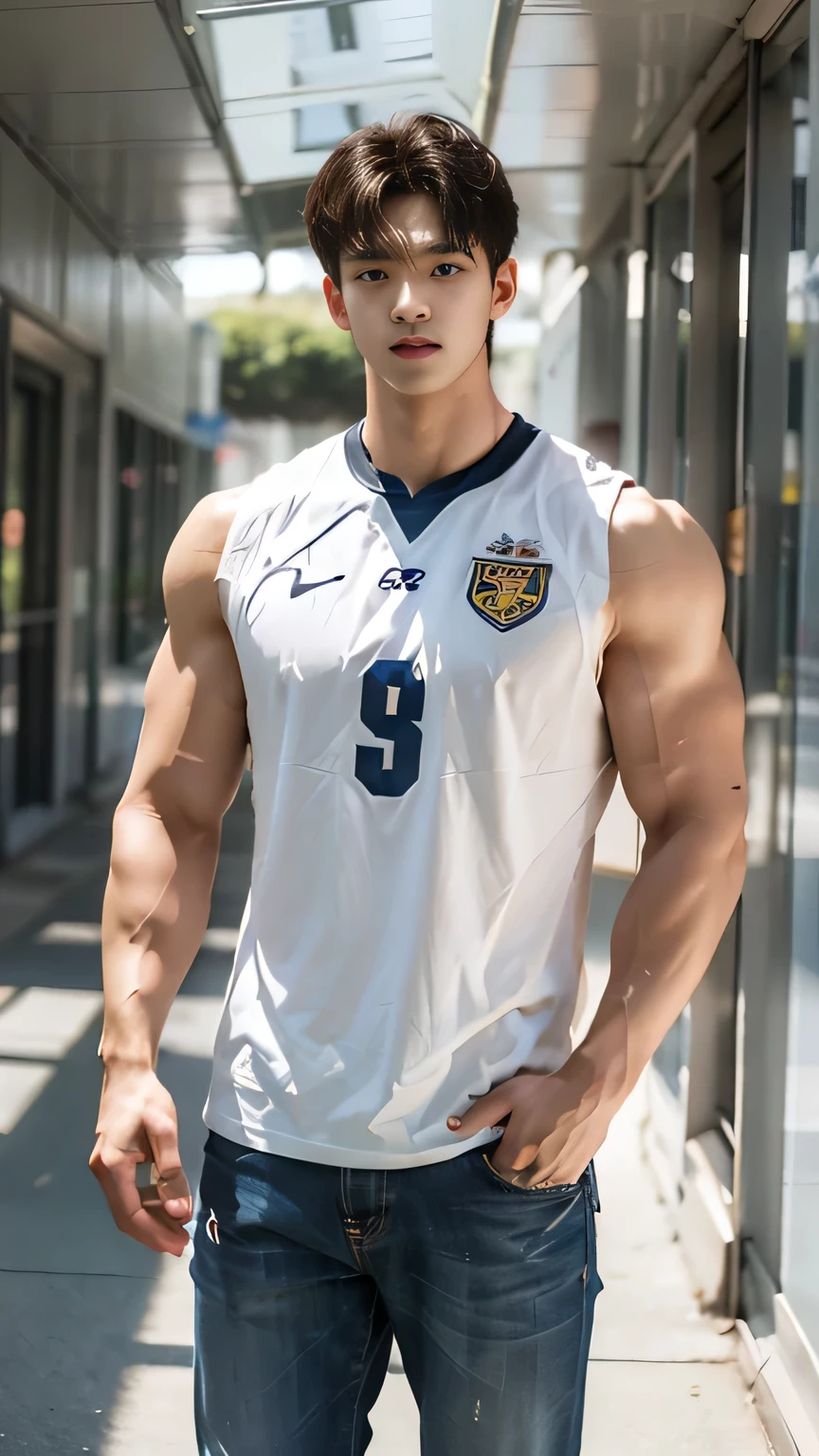 a Chinese handsome and muscular soccer player in shadow with sunlight coming through window in a bedroom, a pop star actor, short hair, in blue sleeveless soccer uniform,