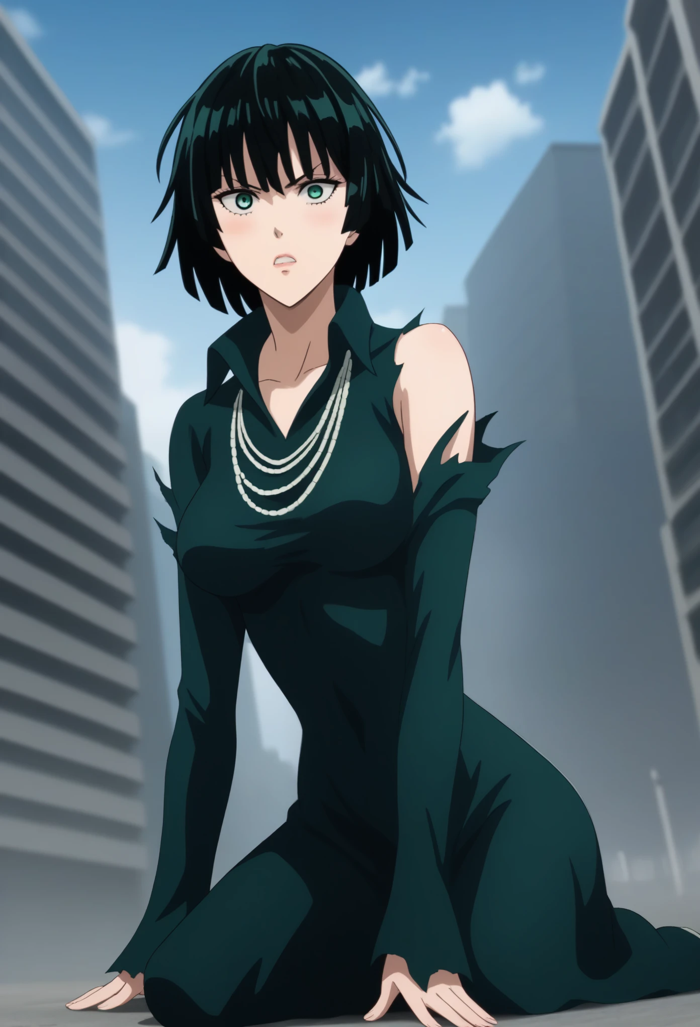 score_9, score_8_up, score_7_up, sauce_anime, ambient light,                                                                                                                                                                             
fubuki, fubuki \(one-punch man\), black hair, green eyes, short hair,,,, wince, frown,                       
nsfw, (show off breast),, torn black dress, dress,, high collar, jewelry, necklace, off shoulder, taut clothes, taut dress,, in panties,                                                                                                                                                                                                                   
outdoors,, city ,realistic city, (kneeling),                                                                                                                                              
cowboy shot,, looking at below, solo, dutch angle, blush,, , clenched teeth,,, large breasts