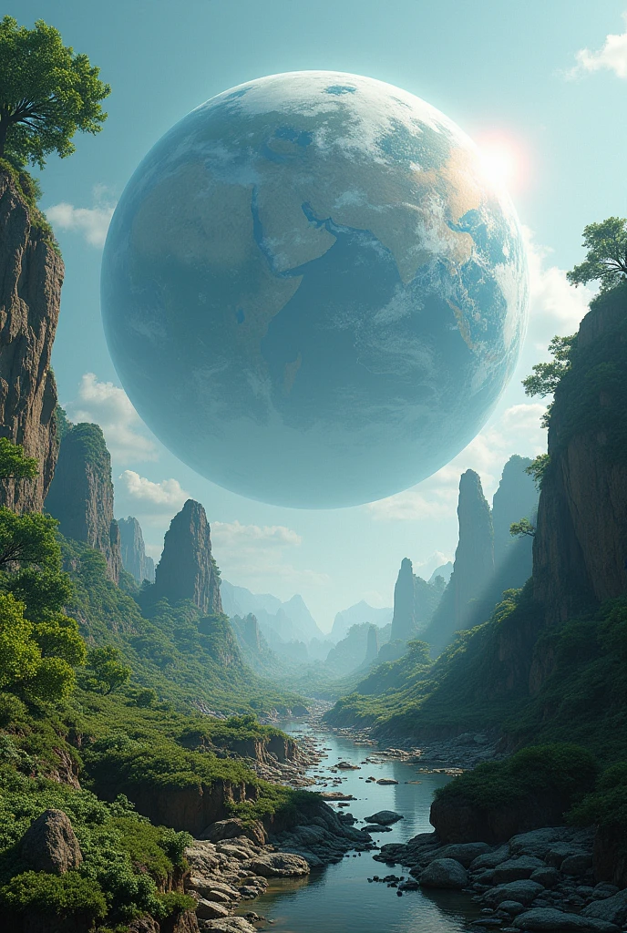 detailed fantasy landscape, giant-sized earth, surreal, hyper-realistic, cinematic lighting, dramatic atmosphere, volumetric fog, lush vegetation, rocky terrain, floating islands, ancient ruins, glowing energy field, hyperdetailed textures, vibrant colors, dramatic shadows, photorealistic, 8k, best quality, (masterpiece:1.2)