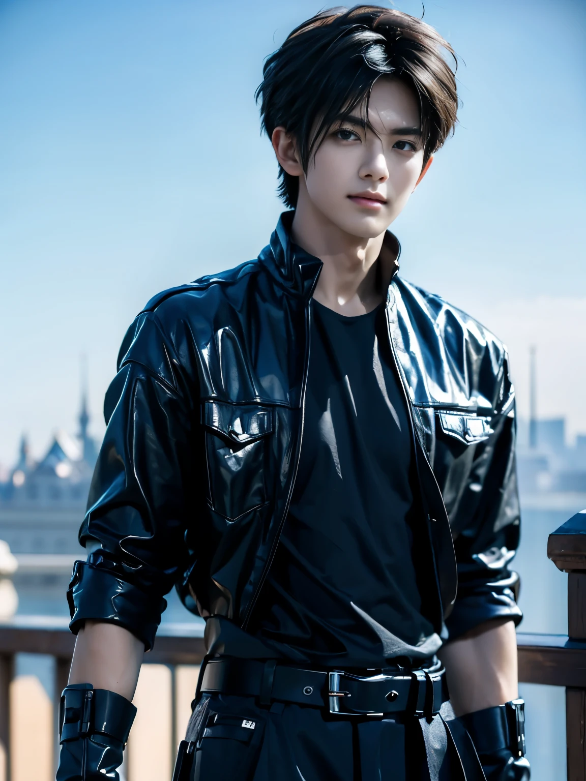 (masterpiece, realistic, absurdres:1.2), (photorealistic:1.5), RAW photo, high resolution, best quality, 8K,1boy, Noctis, ulzzang boy, chinese boy, very handsome, perfect face, intricate detail, Extremely detailed, professional photography, Bright colors, Clear focus, perfect hair, young man, (black see through shirt:1.2), muscular, slim muscular, (perfect hands, 5 fingers) , clear and beautiful detailed eyes, perfect eyes, Playful expression, abs, soft skin, detailed skin, detailed highlights and shadows, Excellent body proportions, Correct anatomy, looking at camera, male focus, black jacket, fingerless gloves, belt, black pants, boots, gentlesunlight, Cinematic Lighting, Warm colors, full-body shot, ornate futuristic castle background,