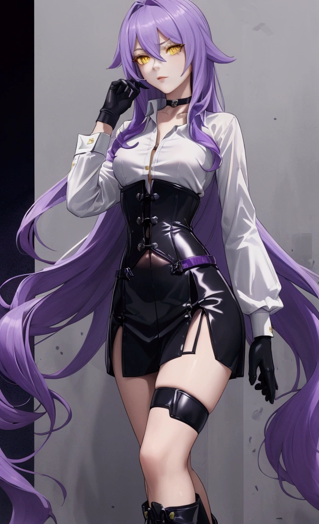 ((Masterpiece)),(( The best quality)), (detailed), expressive eyes, (Perfect face), 1 girl, (standing), (Sirin, Honkai Impact), (long purple hair), (Yellow eyes, detailed eyes), (sensual lips), (serious expression), (slim build), View from the front, choker:1.6, (White collar button-down shirt with white long sleeves), Black gloves, gloves that cover the hands, (black leather corset), (shiny black miniskirt), (black boots), (elegant mansion), by day