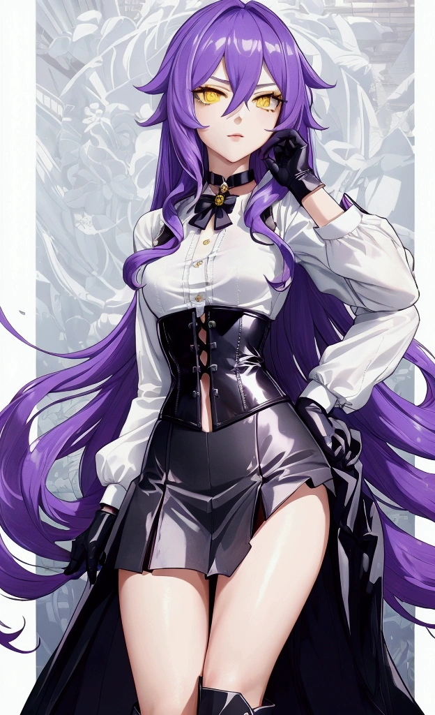 ((Masterpiece)),(( The best quality)), (detailed), expressive eyes, (Perfect face), 1 girl, (standing), (Sirin, Honkai Impact), (long purple hair), (Yellow eyes, detailed eyes), (sensual lips), (serious expression), (slim build), View from the front, choker:1.6, (White collar button-down shirt with white long sleeves), Black gloves, gloves that cover the hands, (black leather corset), (shiny black miniskirt), (black boots), (elegant mansion), by day