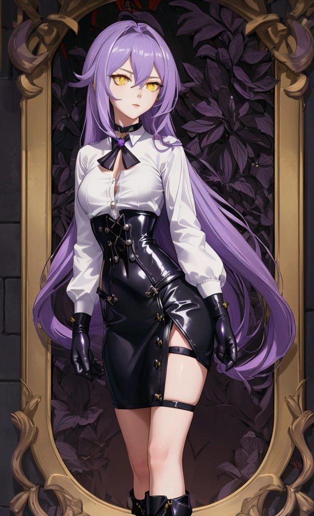 ((Masterpiece)),(( The best quality)), (detailed), expressive eyes, (Perfect face), 1 girl, (standing), (Sirin, Honkai Impact), (long purple hair), (Yellow eyes, detailed eyes), (sensual lips), (serious expression), (slim build), View from the front, choker:1.6, (White collar button-down shirt with white long sleeves), Black gloves, gloves that cover the hands, (black leather corset), (shiny black miniskirt), (black boots), (elegant mansion), by day