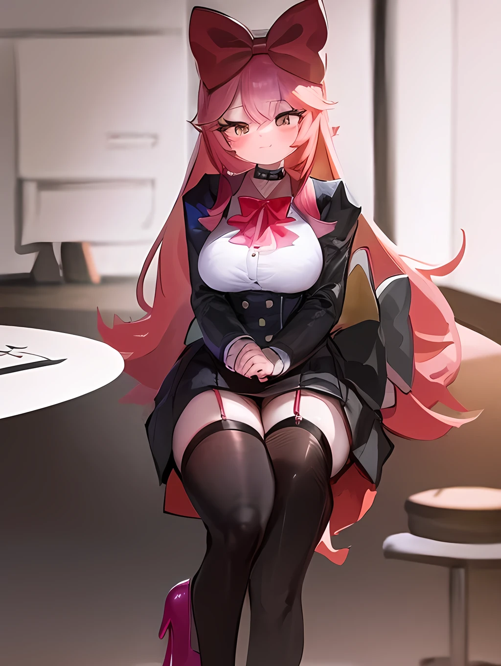 a cartoon of a cartoon drawing of a woman wearing high heels sitting on a table with the word words and drawing, 1girl, thighhighs, skirt, hair bow, bow, pink hair, sitting, red bow, high heels, black footwear, black skirt, choker
