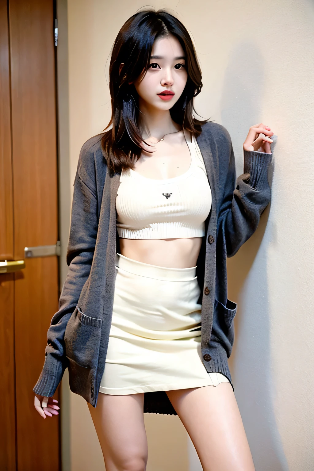 1girl,short skirt,Two piece fashionable outfit, (full body), ((from below)), pretty girl, Young female model, Sweet Girl, Inside the room, Lying on a chair, Cross your legs, masterpiece, Best quality, very detailed description, Ultra-fine painting, Bare shoulders, The skirt is short, Delicate face, slim body,Grin, A bright smile, Elegant Posture, Seductive pose, Perfect Curve, Large Breasts, Messy long hair, Best quality, Official Art, Exquisite, Rich details, Clear face, Professional lighting, Physically Based Rendering, earrings, necklace, Light makeup, Pure Desire, Sexy, Correct limbs, Anatomically correct