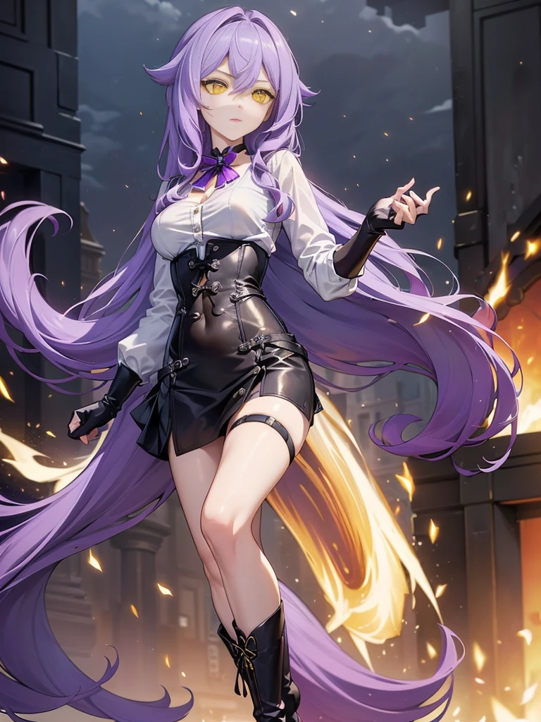 ((Masterpiece)),(( The best quality)), (detailed), expressive eyes, (Perfect face), 1 girl, (standing), (Sirin, Honkai Impact), (long purple hair), (Yellow eyes, detailed eyes), (sensual lips), (serious expression), (slim build), View from the front, choker:1.6, (White collar button-down shirt with white long sleeves), Black gloves, gloves that cover the hands, (black leather corset), (shiny black miniskirt), (black boots), (elegant mansion), by day