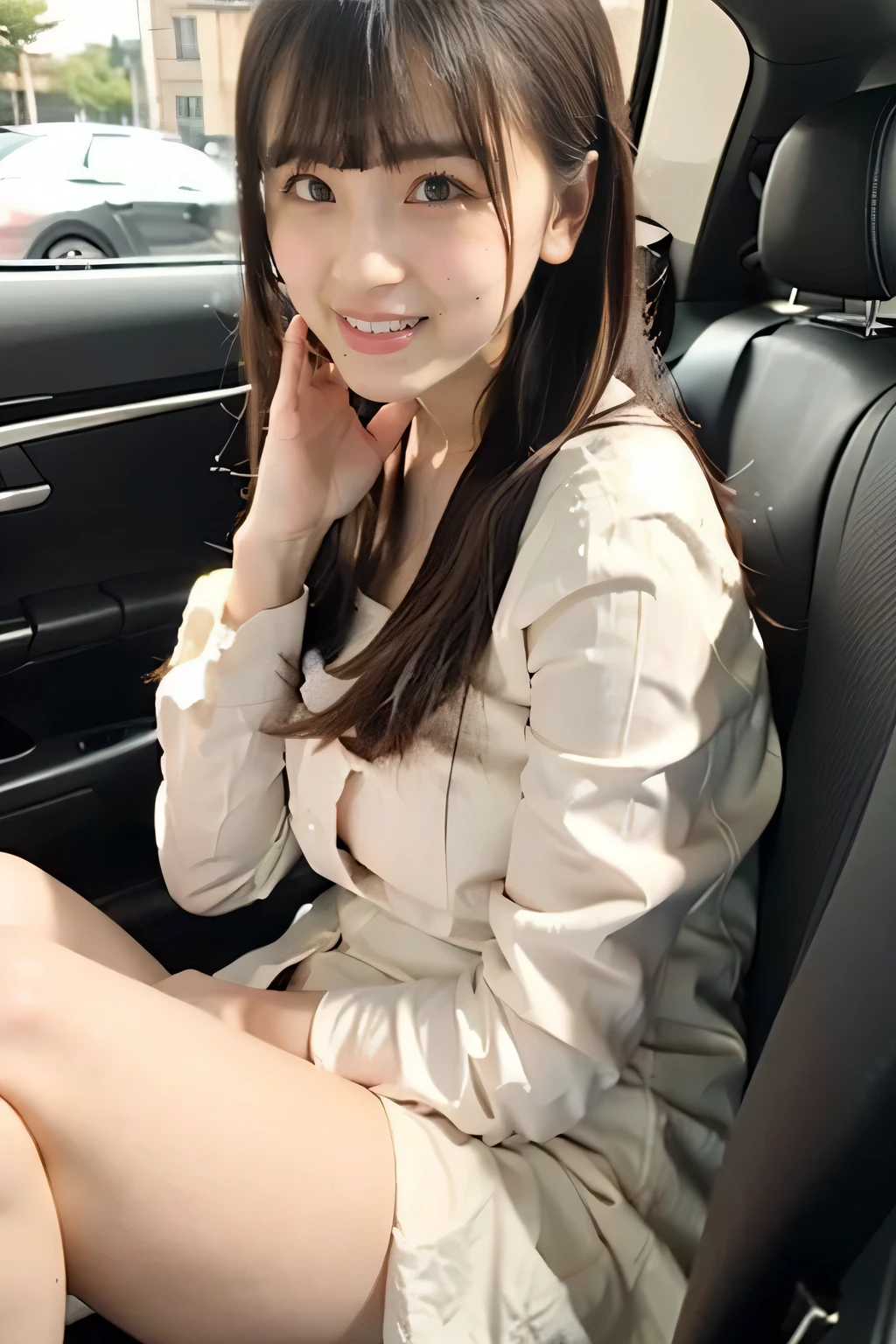 A woman sits in the passenger seat of a car...., Japanese Model, Young and sexy gravure idol, Genuine young gravure idol, Surreal,Provocative,((Beautiful Skin)),((Skin Texture)),((Real Touch)), healthy, Redness-free skin, Cute freckles on the cheeks,Mole under left eye,