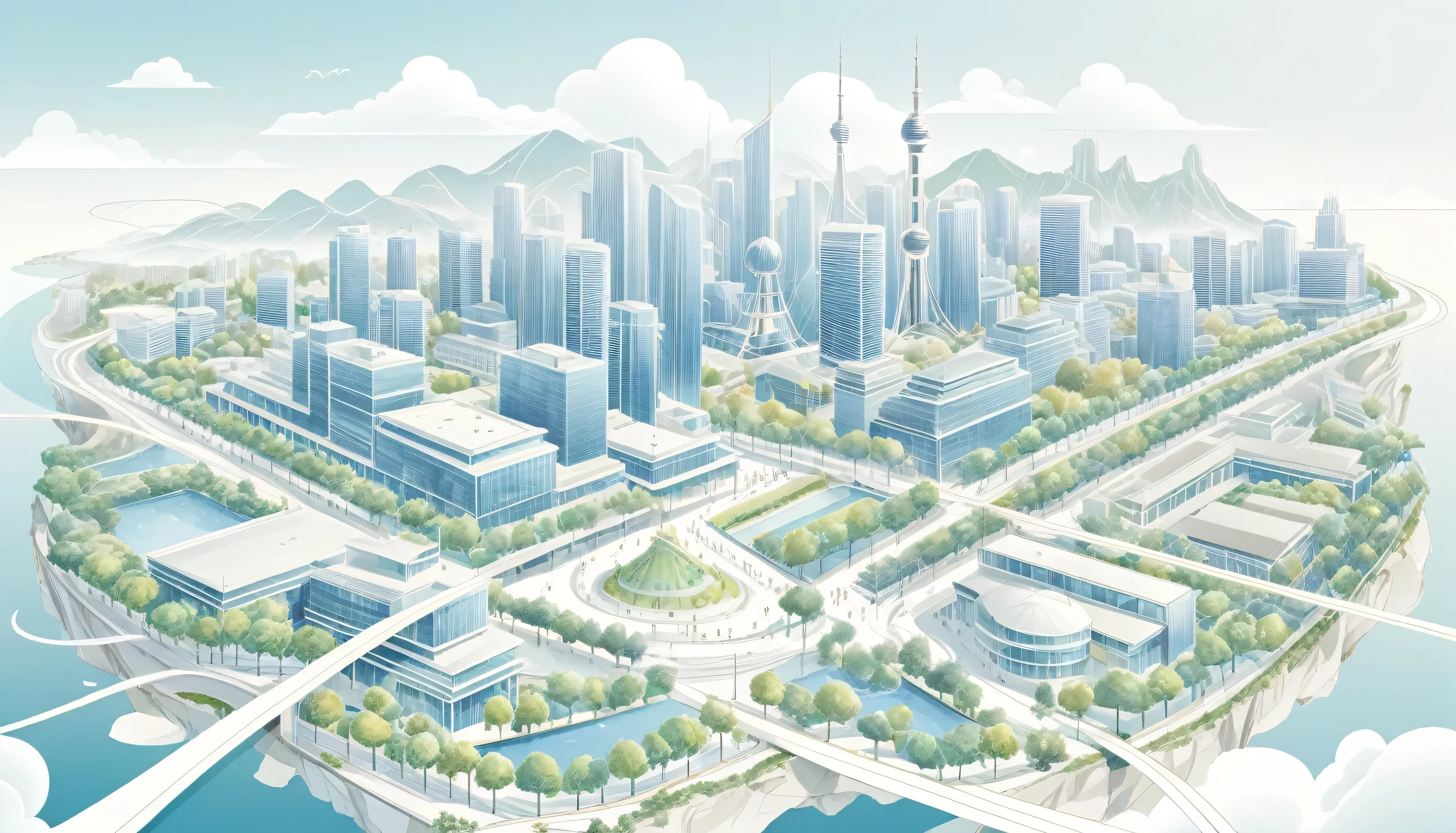 Aerial view of modern city center，Mainly line illustrations，Simplicity，Modern city