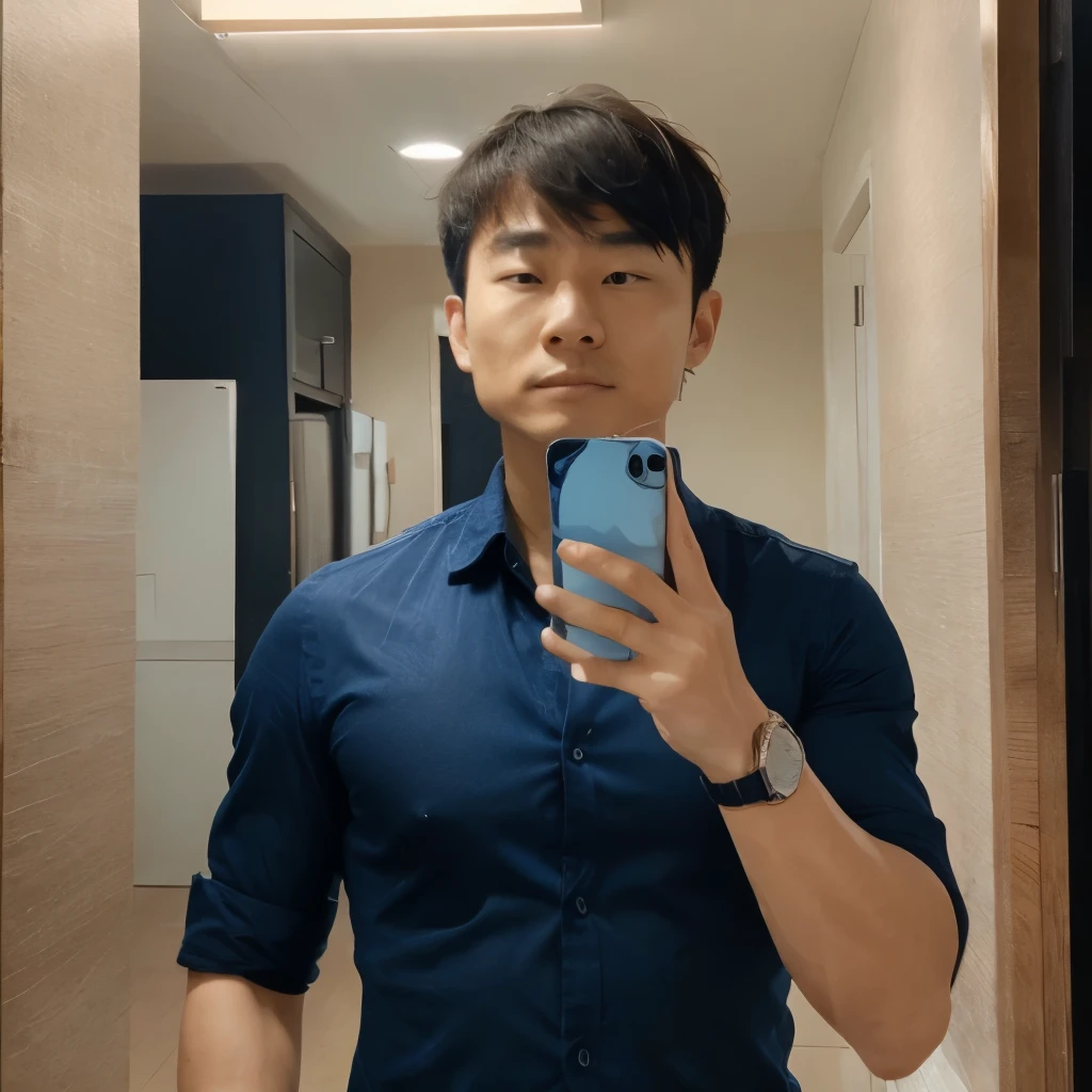 korean man, masculine, ((Natural)),  navy blue shirt, short hair with bangs, iphone pro max 15, mirror, selfie ((hyperrealistic)) 