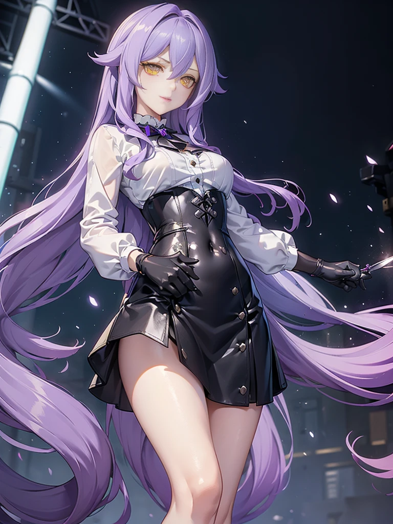 ((Masterpiece)),(( The best quality)), (detailed), expressive eyes, (Perfect face), 1 girl, (standing), (Sirin, Honkai Impact), (long purple hair), (Yellow eyes, ojos detaileds), (sensual lips), (serious expression), showing smile, (slim build), View from the front, holds a pair of hand scissors, choker:1.6, (White collar button-down shirt with white long sleeves), Black gloves, gloves that cover the hands, (black leather corset), (shiny black miniskirt), (black boots), (tailoring), by day