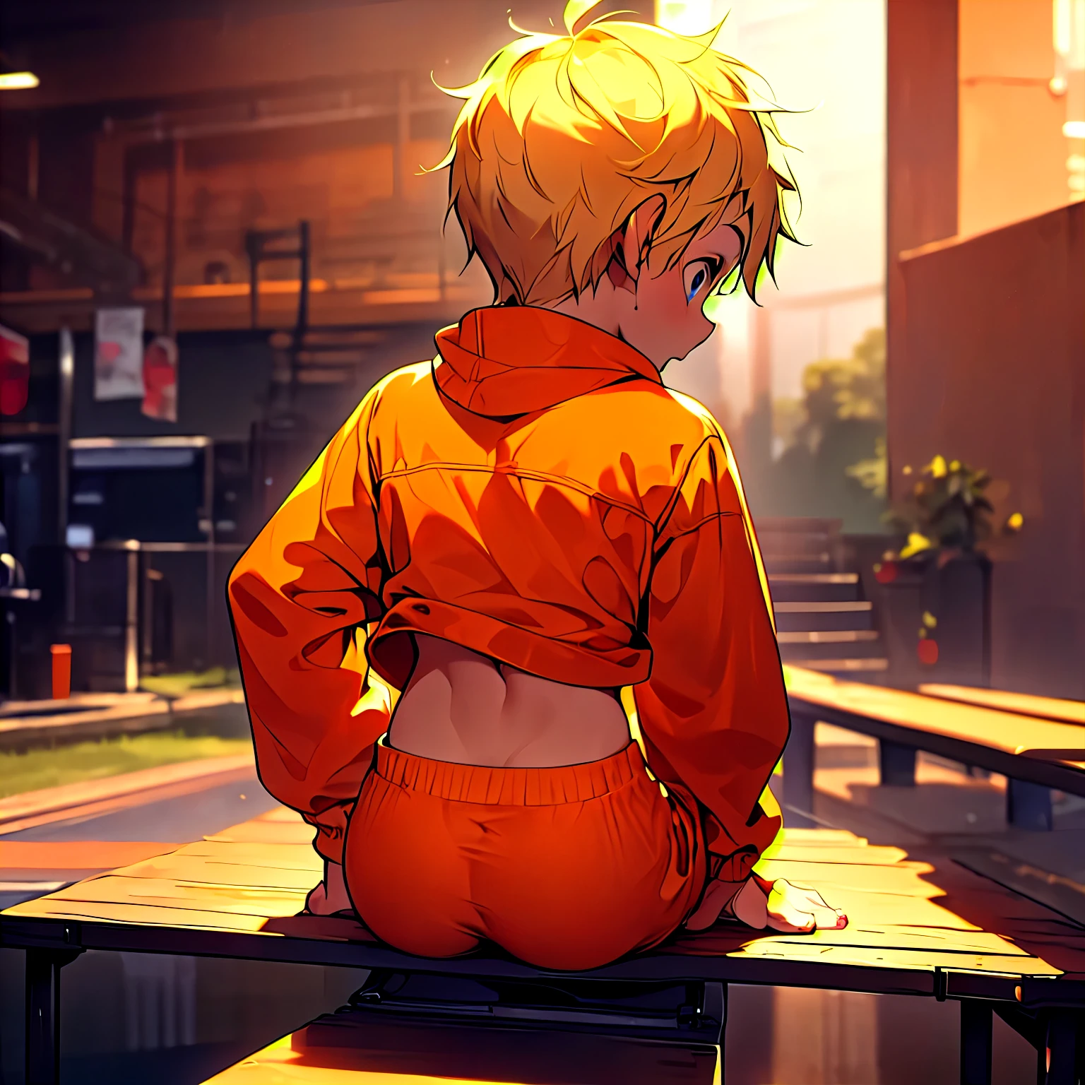 Kenny Mccormick, Shota，dirty messy blonde hair，1boy solo, child, young male, (long sleeves, long pants), from behind,looking back, from below, sitting, (curvy, ass, big butt, large ass), rear view, orange pants, orange hoodie, orange clothes,blue eyes, (happy), (thick thighs, wide hips:1.0), curvy, Cute,ultra quality, masterpiece, high quality, (masterpiece, best quality),  intricate details, masterpiece, perfect body, perfect clear skin, ultra realistic,  high resolution，8k，detailedbackground，highly quality