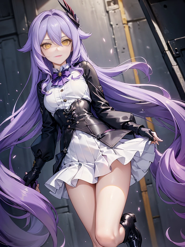 ((Masterpiece)),(( The best quality)), (detailed), expressive eyes, (Perfect face), 1 girl, (standing), (Sirin, Honkai Impact), (long purple hair), (Yellow eyes, ojos detaileds), (sensual lips), (serious expression), showing smile, (slim build), View from the front, holds a pair of hand scissors, choker:1.6, (White collar button-down shirt with white long sleeves), Black gloves, gloves that cover the hands, (black leather corset), (shiny black miniskirt), (black boots), (tailoring), by day