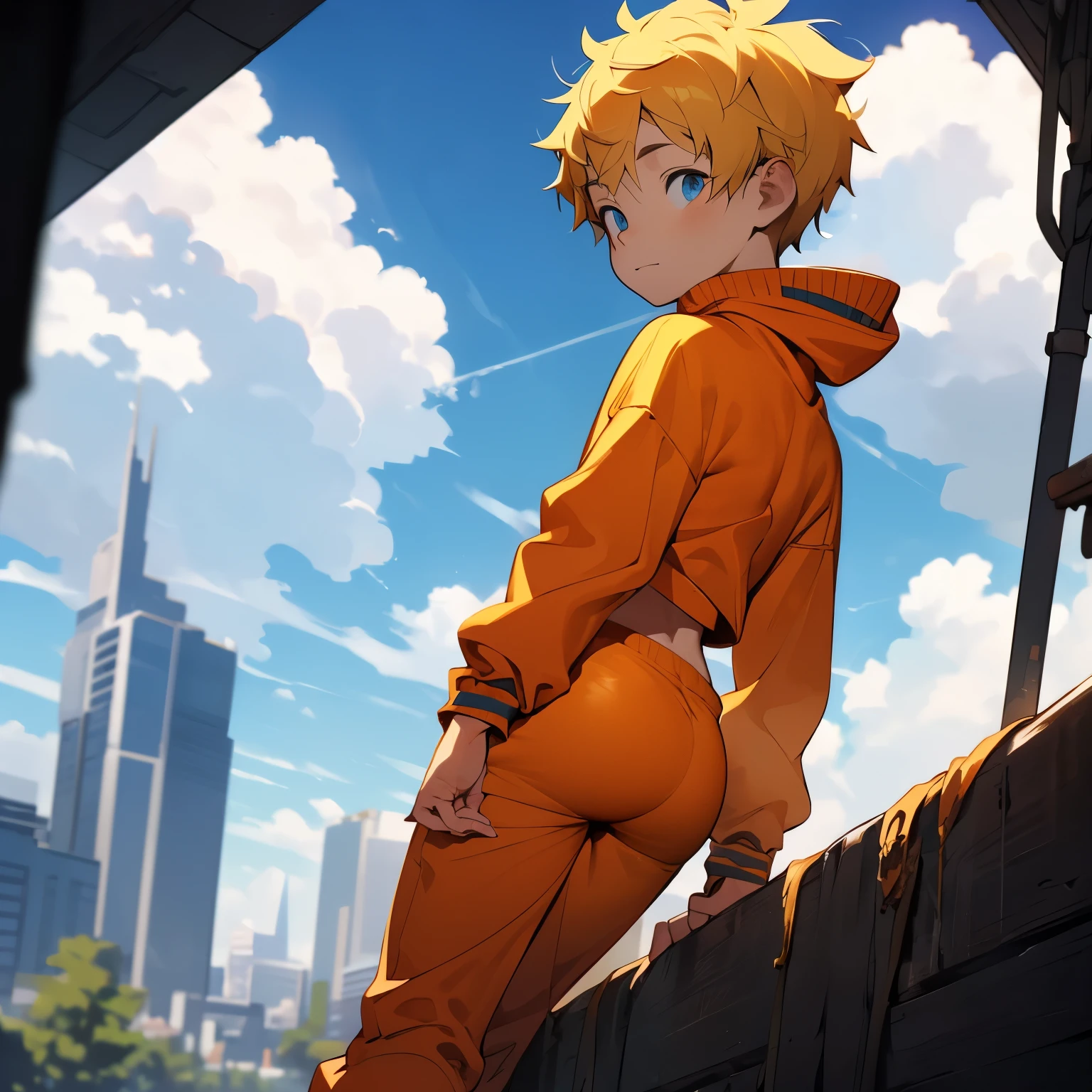 Kenny Mccormick, Shota，dirty messy blonde hair，1boy solo, , young male, (long sleeves, long pants), from behind,looking back, from below, sitting, (curvy, ass, big butt, large ass), rear view, orange pants, orange hoodie, orange clothes,blue eyes, (happy), (thick thighs, wide hips:1.0), curvy, Cute,ultra quality, masterpiece, high quality, (masterpiece, best quality),  intricate details, masterpiece, perfect body, perfect clear skin, ultra realistic,  high resolution，8k，detailedbackground，highly quality