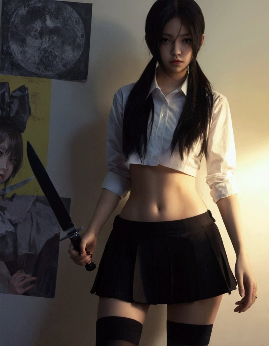 there is a woman in a skirt and shirt holding a knife, a hyperrealistic schoolgirl, hyperrealistic schoolgirl, cruel korean goth girl, cosplay, realistic cosplay, anime girl in real life, cosplayer, anime girl cosplay, realistic schoolgirl, dressed as schoolgirl, full-cosplay, tall female emo art student, anime cosplay, as an anime character, jennie blackpink