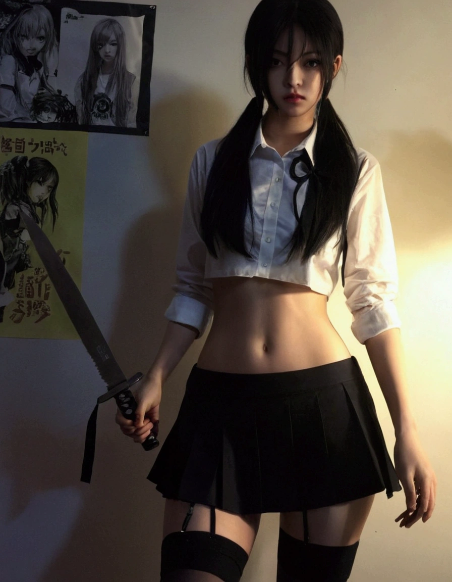 there is a woman in a skirt and shirt holding a knife, a hyperrealistic schoolgirl, hyperrealistic schoolgirl, cruel korean goth girl, cosplay, realistic cosplay, anime girl in real life, cosplayer, anime girl cosplay, realistic schoolgirl, dressed as schoolgirl, full-cosplay, tall female emo art student, anime cosplay, as an anime character, jennie blackpink