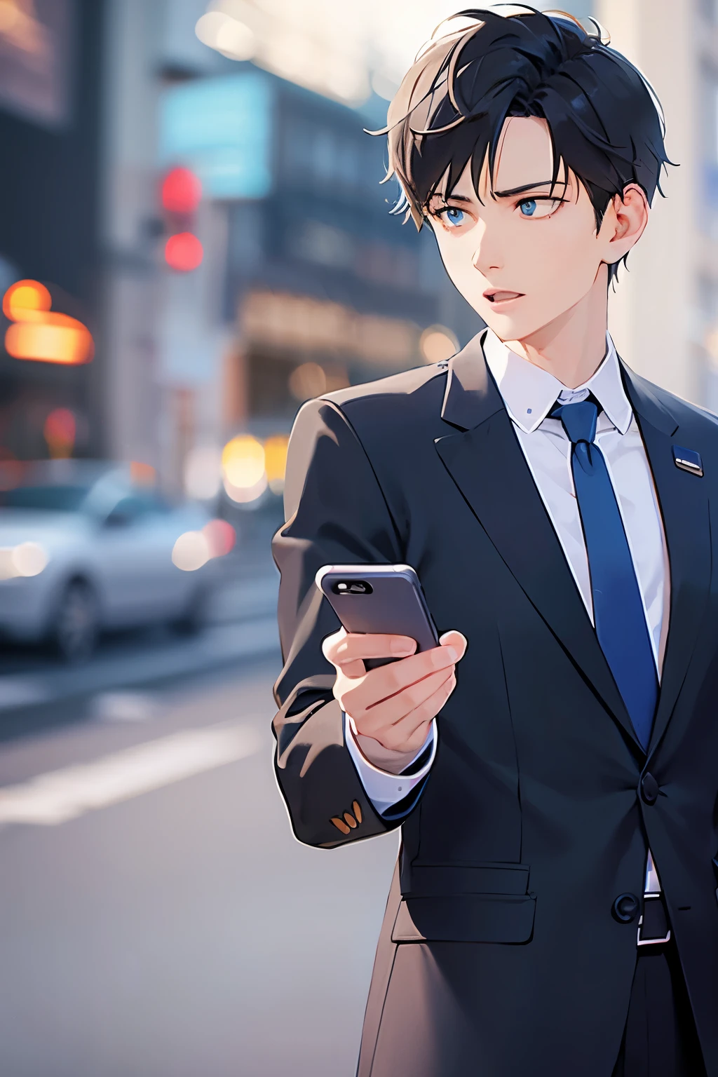 A man with brown hair, wearing a suit, pulls out his cell phone, background: street