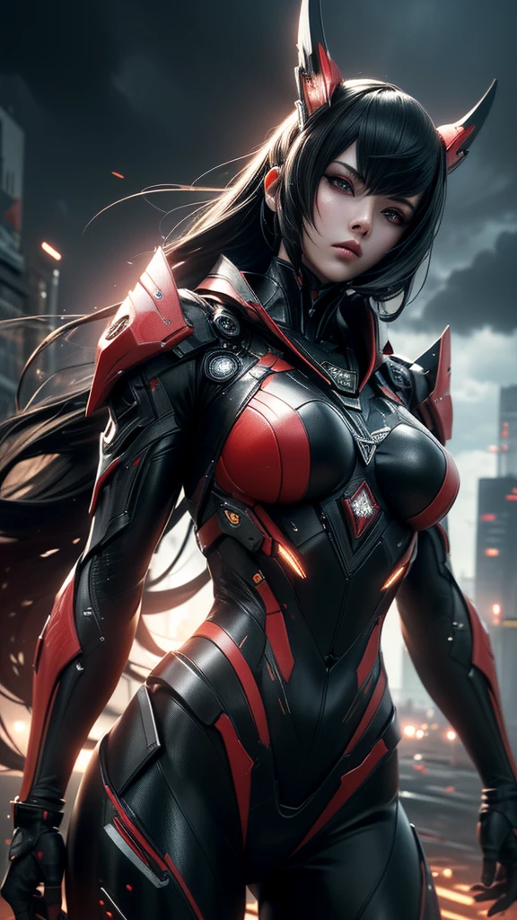 1 Japanese girl, WARFRAME bikini, intricate pattern, Heavy metal, power lines, bright eyes, elegant, concentrated, blood red and black uniform bikini, big breasts, Alone, modern vision, city, streets, dark clouds, dramatic lighting, (SFX complements visual art, The level of detail is inspiring, Realistic 1.2,  volumetric effects add depth and dimension, and the photorealism is unmatched. The image is rendered in 8K resolution, ensuring super detailed visuals. Volumetric lighting adds a touch of magic, highlighting your beauty and aura in a supernatural way. A tecnologia High Dynamic Range (HDR) makes the cores stand out, adding richness to the overall composition. In the end, this art presents an unreal portrait.