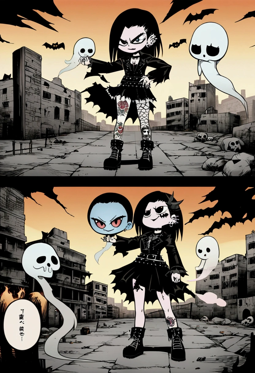 Anime, anime girl, illustration, textured, domonic, devilish, torn clothes, high quality, 4K graphics, gothic style, Halloween style, cartoonist style, rebel, skulls, punk, badass tattoos and piercings, destroyed city, devilish smirk, comic book style, full body, ghost