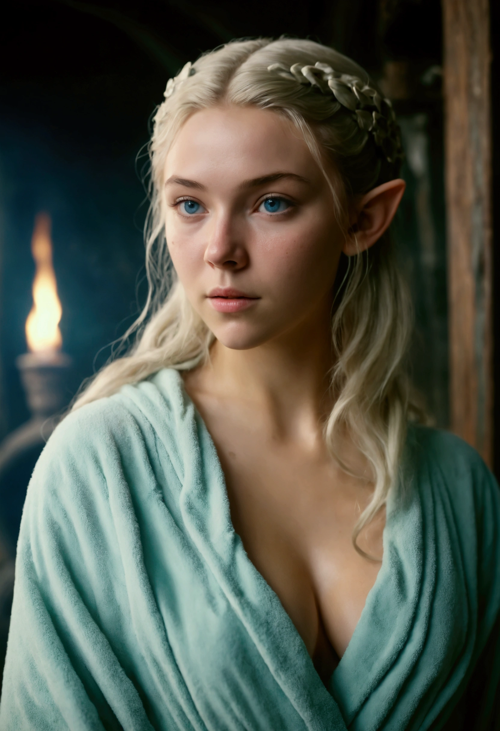 analog film photo, photo of an elven maiden, 18 years old, elf ears, long wavy curls, wearing a lacey bra and a lacey thong, resembles Daenerys Targaryen, strolling along a fantasy landscape, RAW Photograph, dslr, soft lighting, high quality, film grain, Fujifilm XT3, detailed skin with visible pores, insane details, masterpiece, 8k, 35mm photograph, dslr, kodachrome, faded film, desaturated, grainy, vintage, Lomography, stained, highly detailed, found footage, close-up shot, elven ears