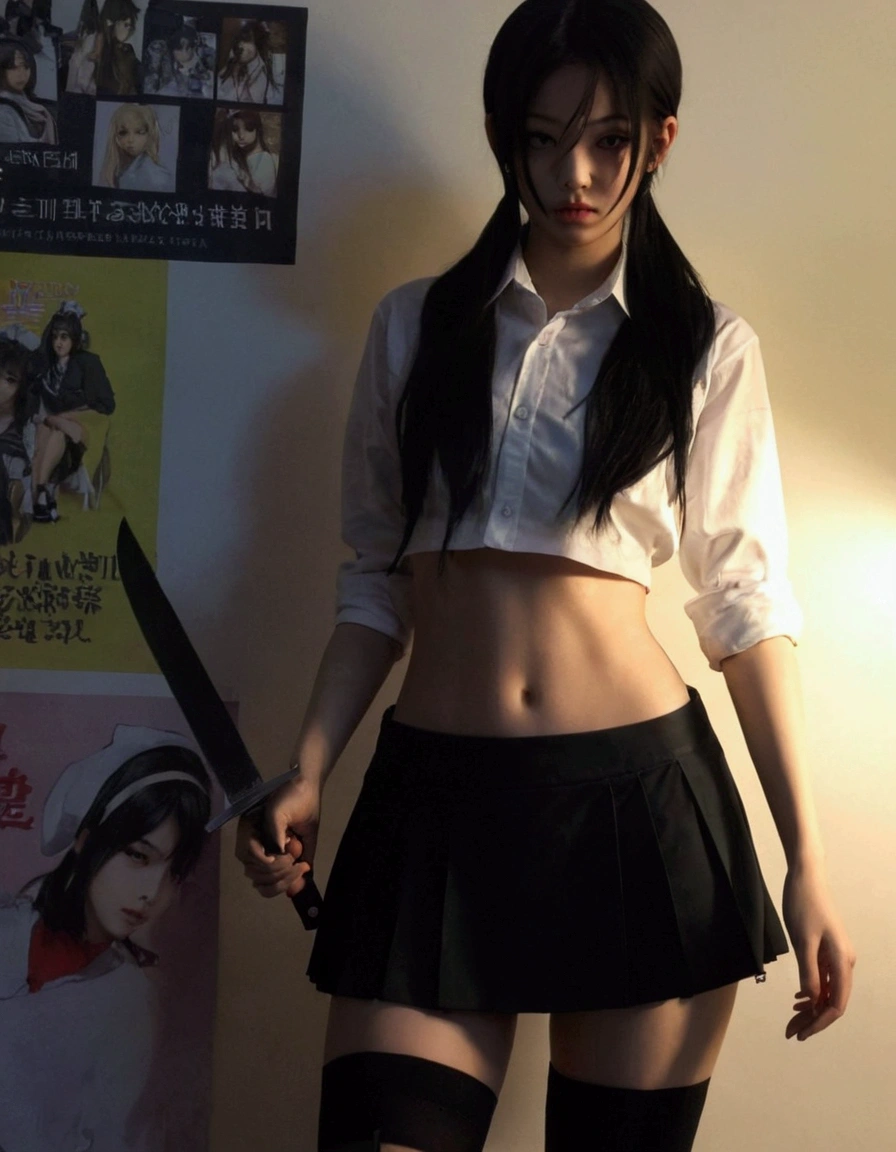 there is a woman in a skirt and shirt holding a knife, a hyperrealistic schoolgirl, hyperrealistic schoolgirl, cruel korean goth girl, cosplay, realistic cosplay, anime girl in real life, cosplayer, anime girl cosplay, realistic schoolgirl, dressed as schoolgirl, full-cosplay, tall female emo art student, anime cosplay, as an anime character, jennie blackpink, katana