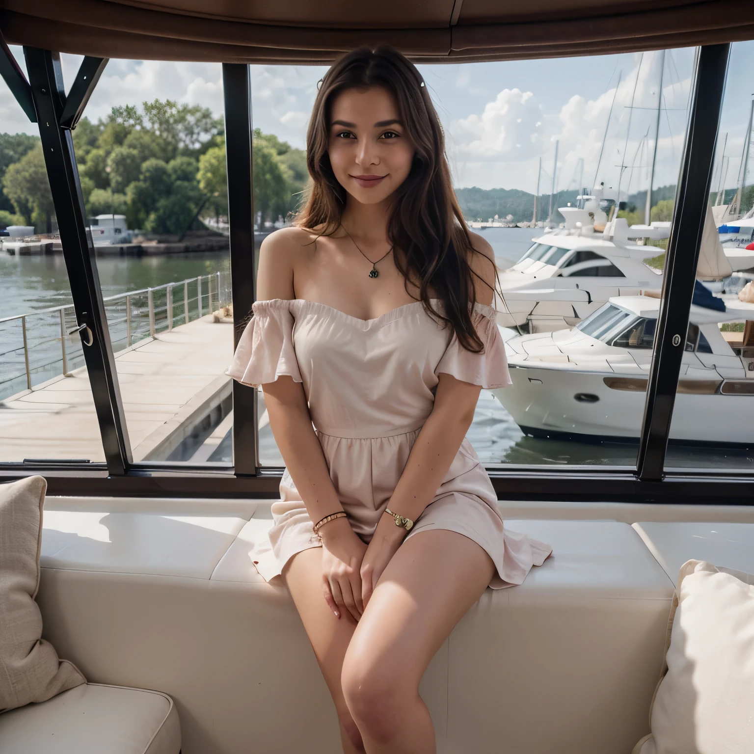 A beautiful young girl,with long hair, smiling, wear a full one piece,white colour-red colour mix,sitting on yatch, wine glass in hand,slight red colour, ,best quality, 8k,hd,,