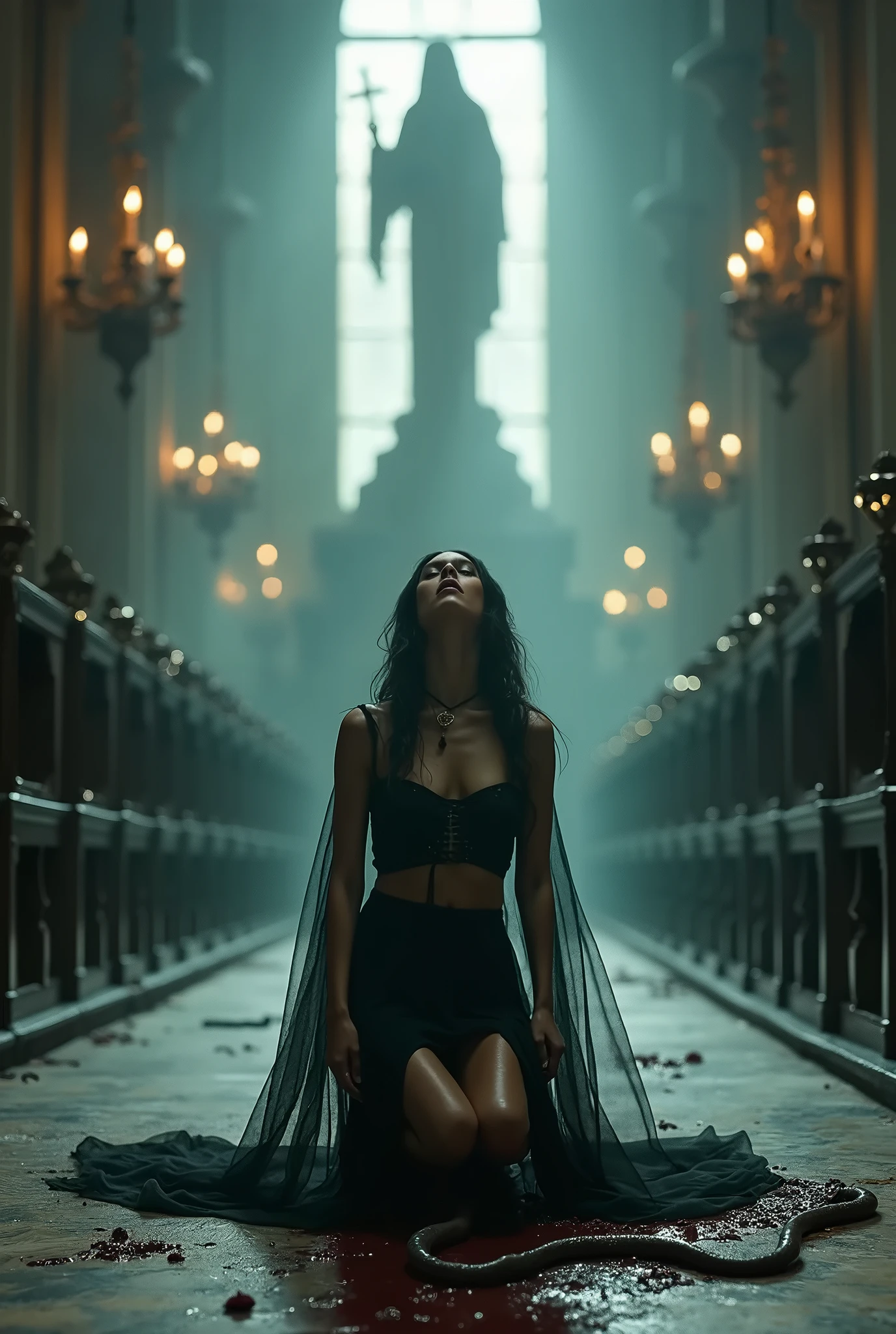 editorial photography,super detailed background,Super realistic,double exposure,depth of field,beauty super slender skinny vibes,soft focus darkness tone,narrative scene,open lips,gothic style,at the cathedral,immoral,blasphemous,Under the gaze,God,the Virgin Mary,the angels,A monster comes out from inside the cracked body,squatting with spread legs,