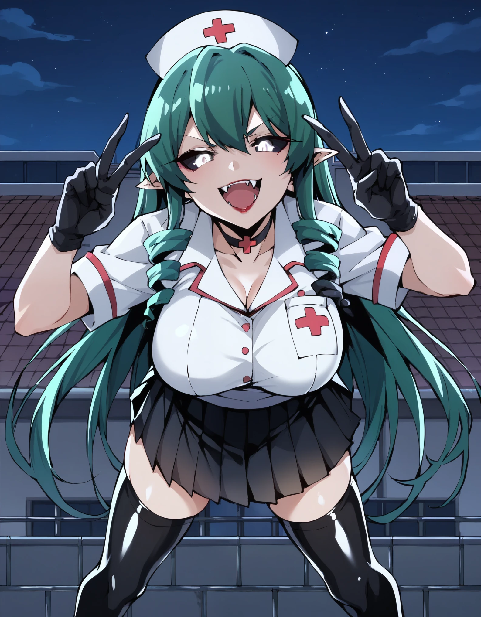 score_9, score_8_up, score_7_up, 1girl, (milf), corruption, sayo minakami, (large breasts:1.9), ((dark green hair), very long hair, hair bow, bangs, drill hair, black sclera, white eyes, half-closed eyes, pointy ears)), lipstick, red lips, ((choker, black latex seifuku, black latex pleated skirt, nurse cap, black latex thighhighs, black gloves)), (evil smile, open mouth, fangs), (double v, rooftop, night)