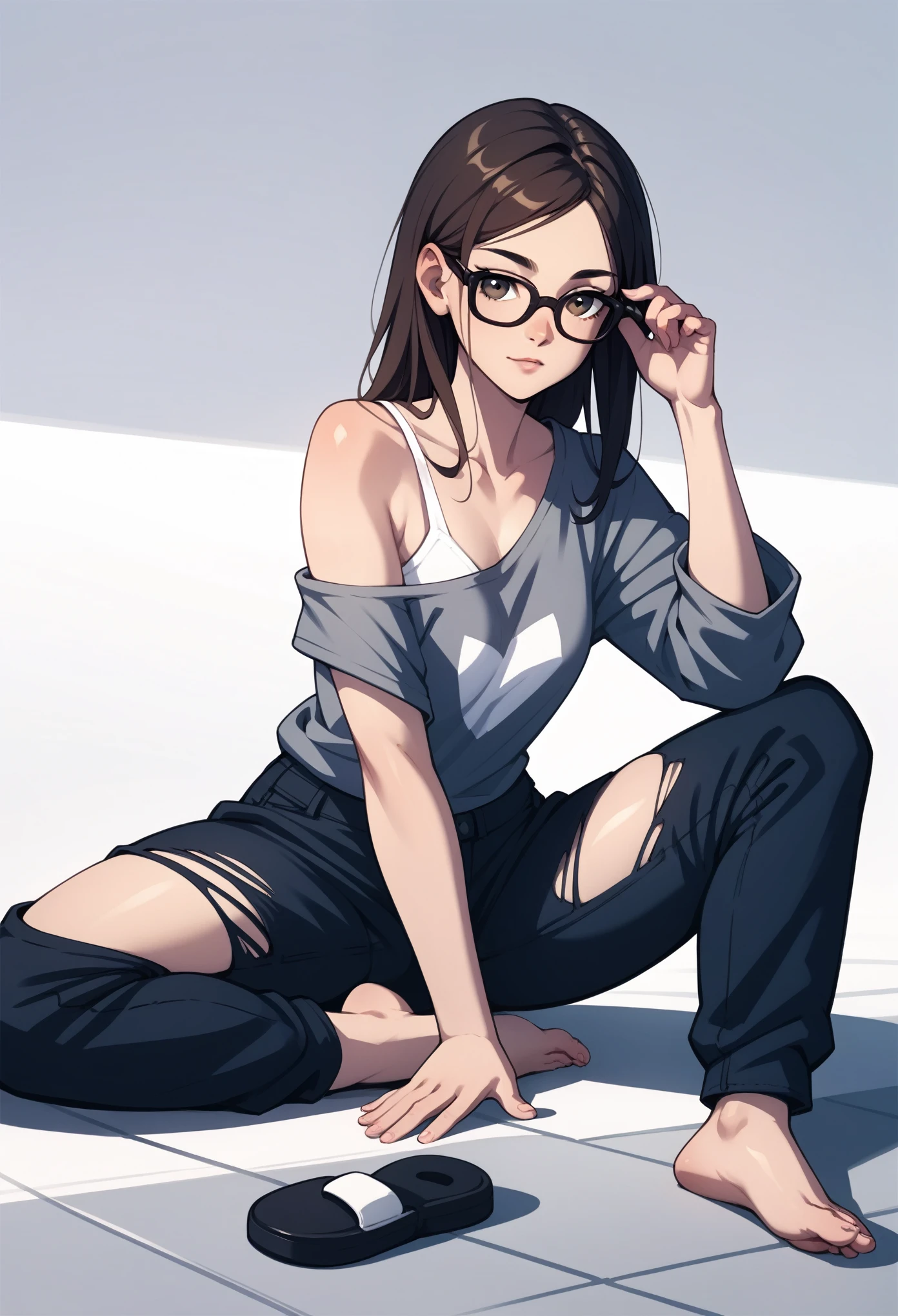 score_9, score_8_up, score_7_up, score_6_up, score_5_up, score_4_up, Anime-style girl with long brown hair, wearing an oversized gray sweatshirt and ripped black jeans. Casual, relaxed pose holding glasses in one hand, slightly off-shoulder top revealing one shoulder. Clean, minimal background with soft lighting and light shadows on the floor tiles. Calm and approachable expression, detailed clothing texture with torn fabric and subtle shading