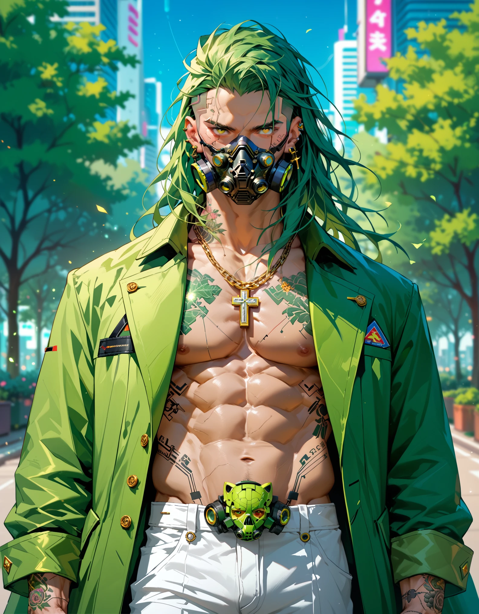 1boy, glowing deep green mechanical eyes, bunny ears, golden green hair, torn up, masterpiece, HD, vibrant, horror, full body view, blood over mouth, grin