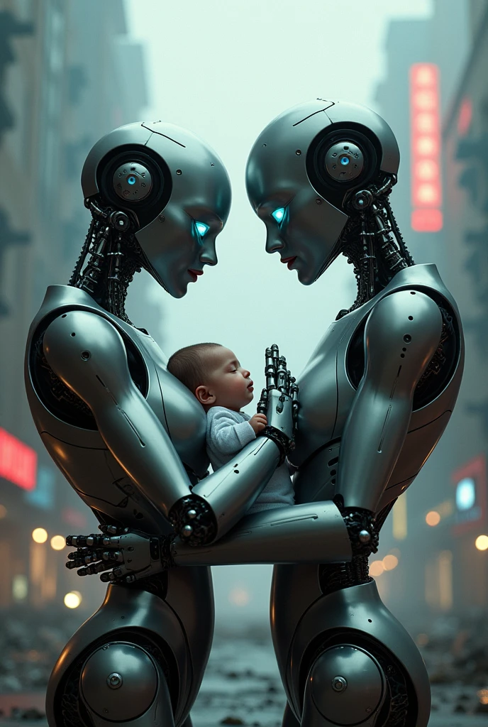 biomechanical style Marvel at the wonders of science and nature intertwined as a young biomechanical mother lovingly cradles her equally fascinating offspring. Mechanisms whirl quietly within sleek synthetic skin, muscles ripple fluidly beneath molded plates of reinforced alloy, and optic sensors blink in rhythm with maternal affection. Despite being constructed from disparate elements, there exists between them an unmistakable bond - a testament to the universality of love. The child reaches upwards, tiny digits grasping tentatively at the cool metal surface of its parent's cheek, eliciting a gentle response. Together, they represent the pinnacle of technological achievement, blending organic and artificial components into a single harmonious entity. Their existence challenges conventions, pushing boundaries and provoking questions about what it means to be alive. Peer closely at this intimate moment, captured beautifully by skilled artists employing cutting-edge techniques, and allow yourself to be drawn into their extraordinary world. . blend of organic and mechanical elements, futuristic, cybernetic, detailed, intricate