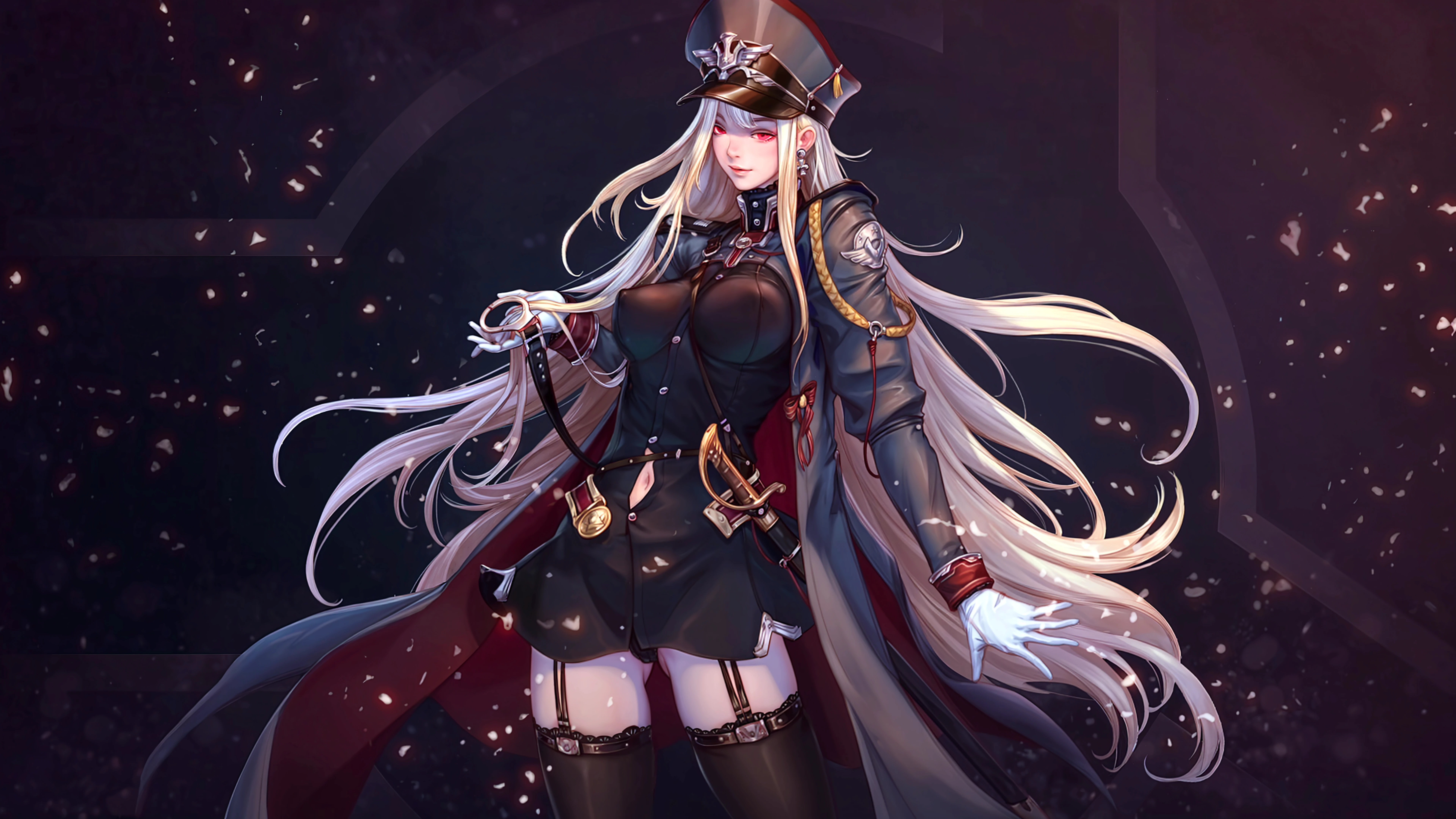 Sexy German military girl in elegant black German WW2 uniform,German commander&#39;s cap from WW2,Skirt, with an mp40 in hand waving