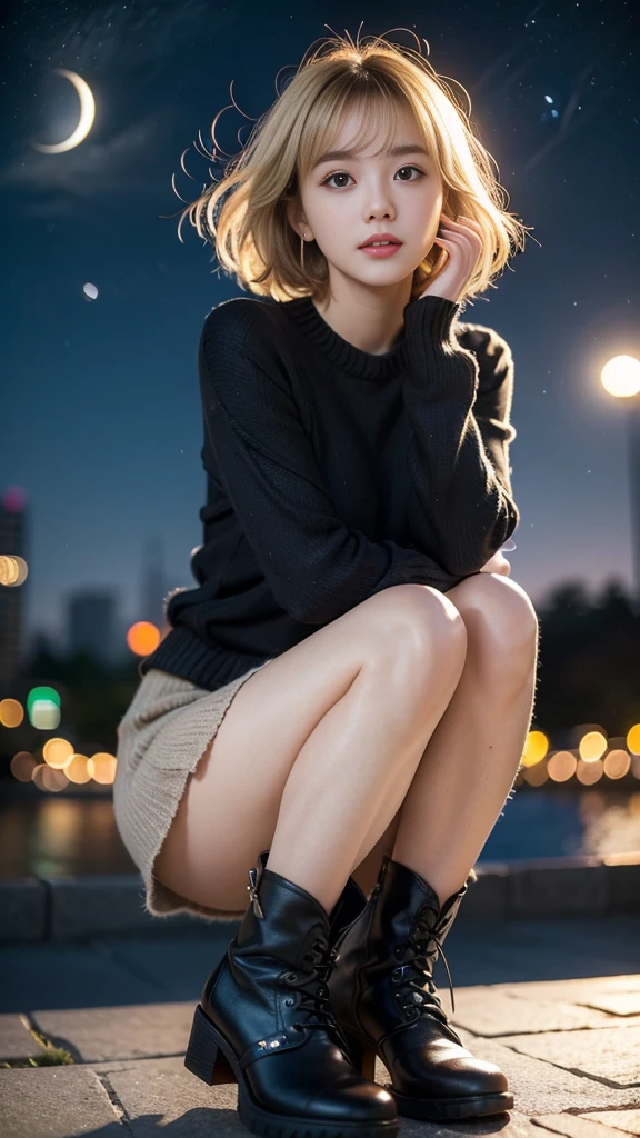 masterpiece, Ultra-high resolution, 4K, Best Quality, 1 person, ((whole body)), Beautiful and exquisite face, Beautiful, smooth skin, Skin Texture, Baby Face, Dynamic pose, Bobcut, Curly Hair, Blonde, Black sweater, mini skirt, boots, Starry Sky, full moon