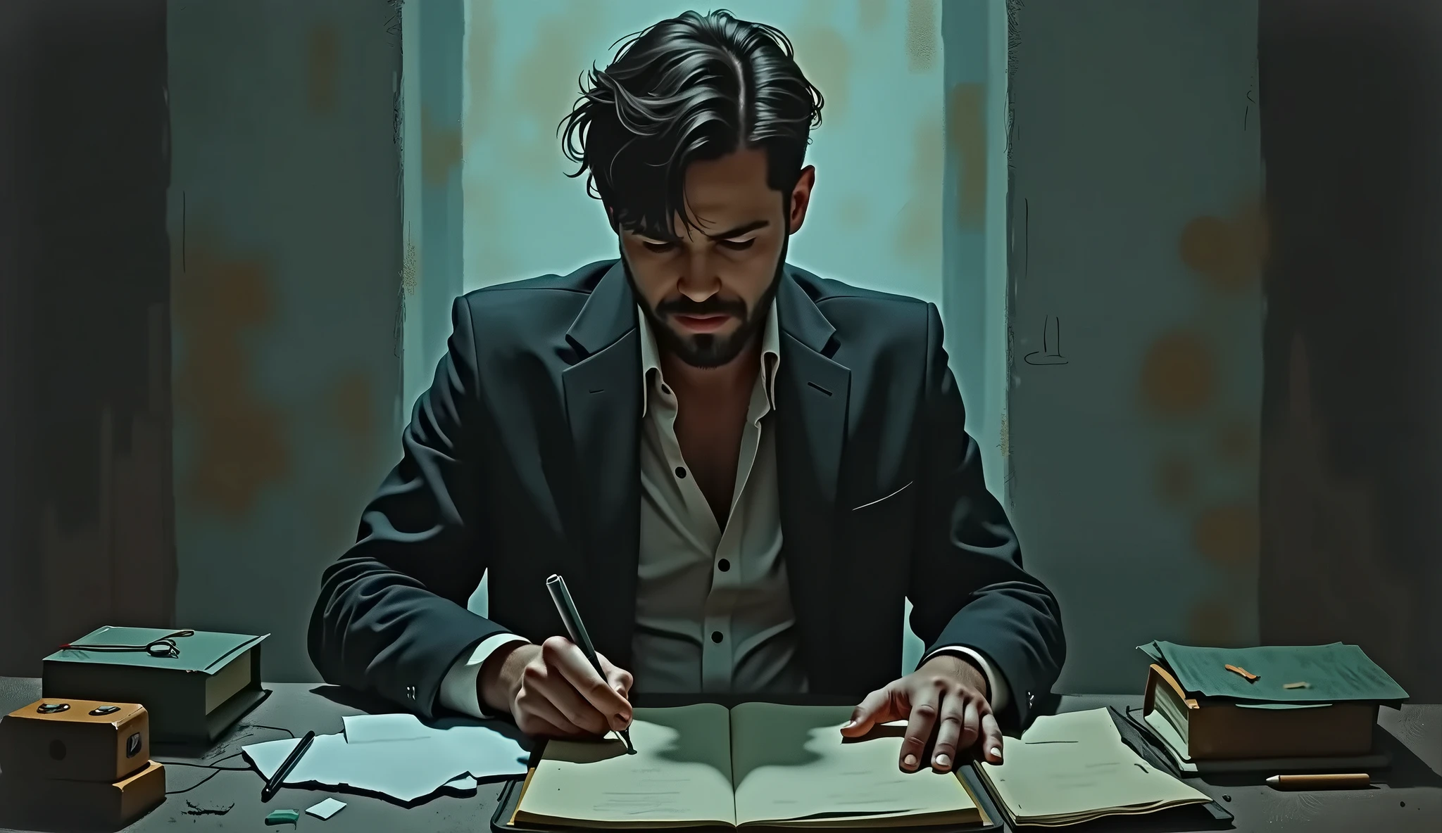Arafed man in a suit sitting at a desk writing on a book - SeaArt AI