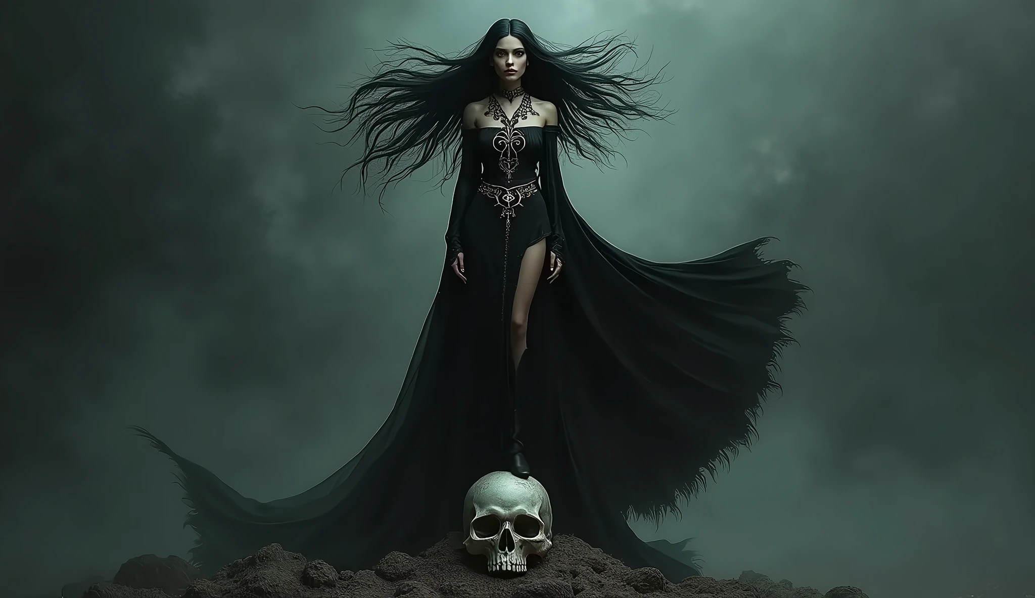 ( absurdrez , high qualiy , ultra detaild, be careful with your hand, dark drawing style) Santa Muerte – Goddess of Death , similar to santa Muerte mexicana , smart, rational, Obstinate face , mellow , Persistent, temperamental, irritable, oppressive style , black eyes (Eyes Detail), long wavy hair , Cabelo tenebrosa , Long semi-transparent dress , scenario with several bones, ox skulls, Cactos, tenebrosa, dark, Female empowerment, Holy, santa, Goddess of protection, ox skulls 