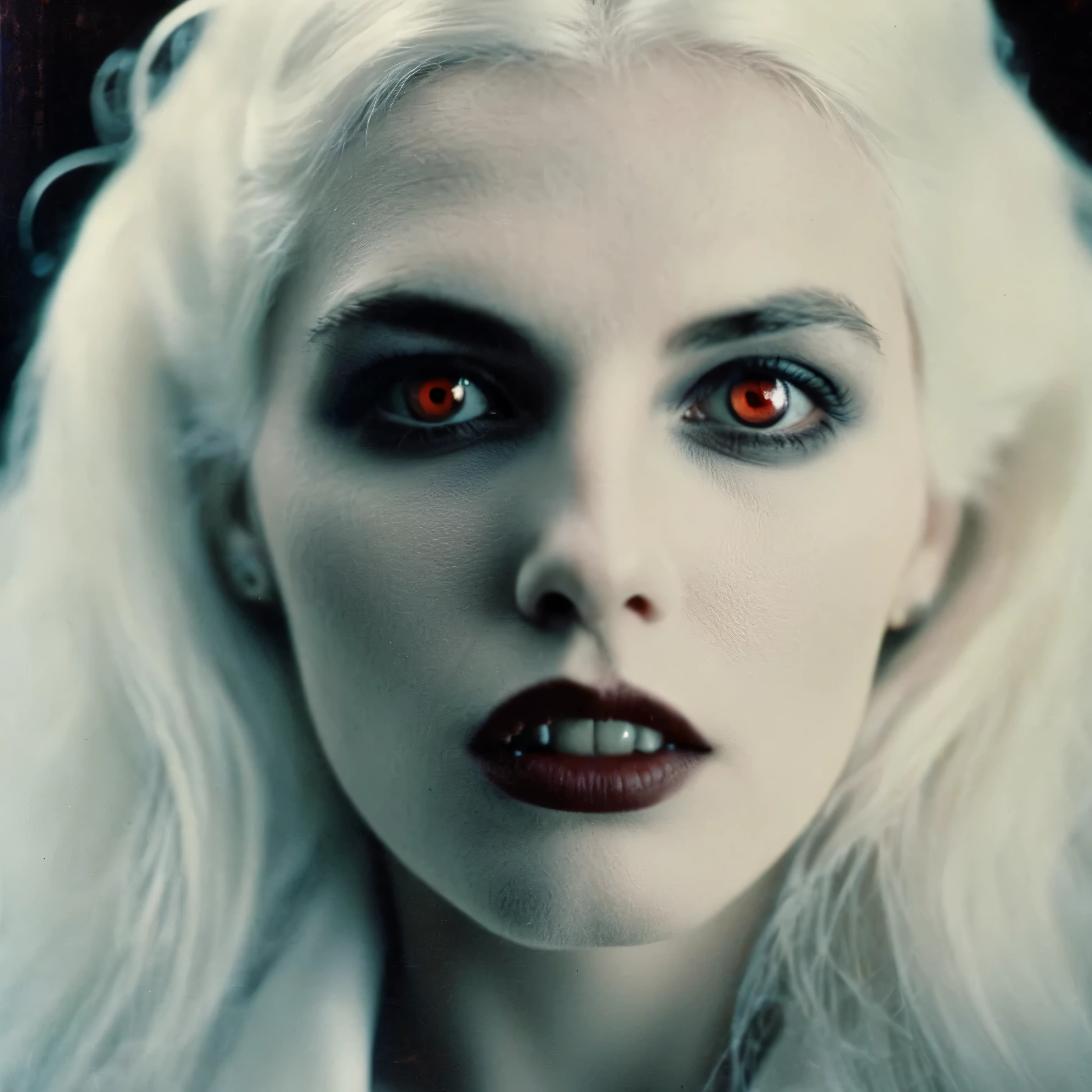 analog film photo of  Female Vampire a pale ice cold skin vampire woman with white hair and a white face and reflective eyes  in year 17, faded film, desaturated, 35mm photo, grainy, vignette, vintage, Kodachrome, Lomography, stained, highly detailed, found footage, nsfw. demon stare into your soul.