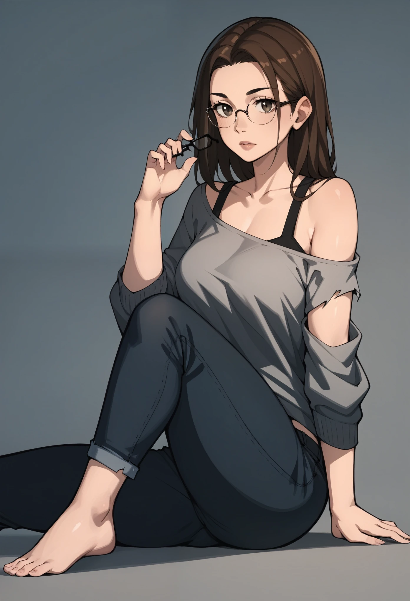 score_9, score_8_up, score_7_up, score_6_up, score_5_up, score_4_up, Anime-style girl with long brown hair, wearing an oversized gray sweatshirt and ripped black jeans. Casual, relaxed pose holding glasses in one hand, slightly off-shoulder top revealing one shoulder. Clean, minimal background with soft lighting and light shadows on the floor tiles. Calm and approachable expression, detailed clothing texture with torn fabric and subtle shading