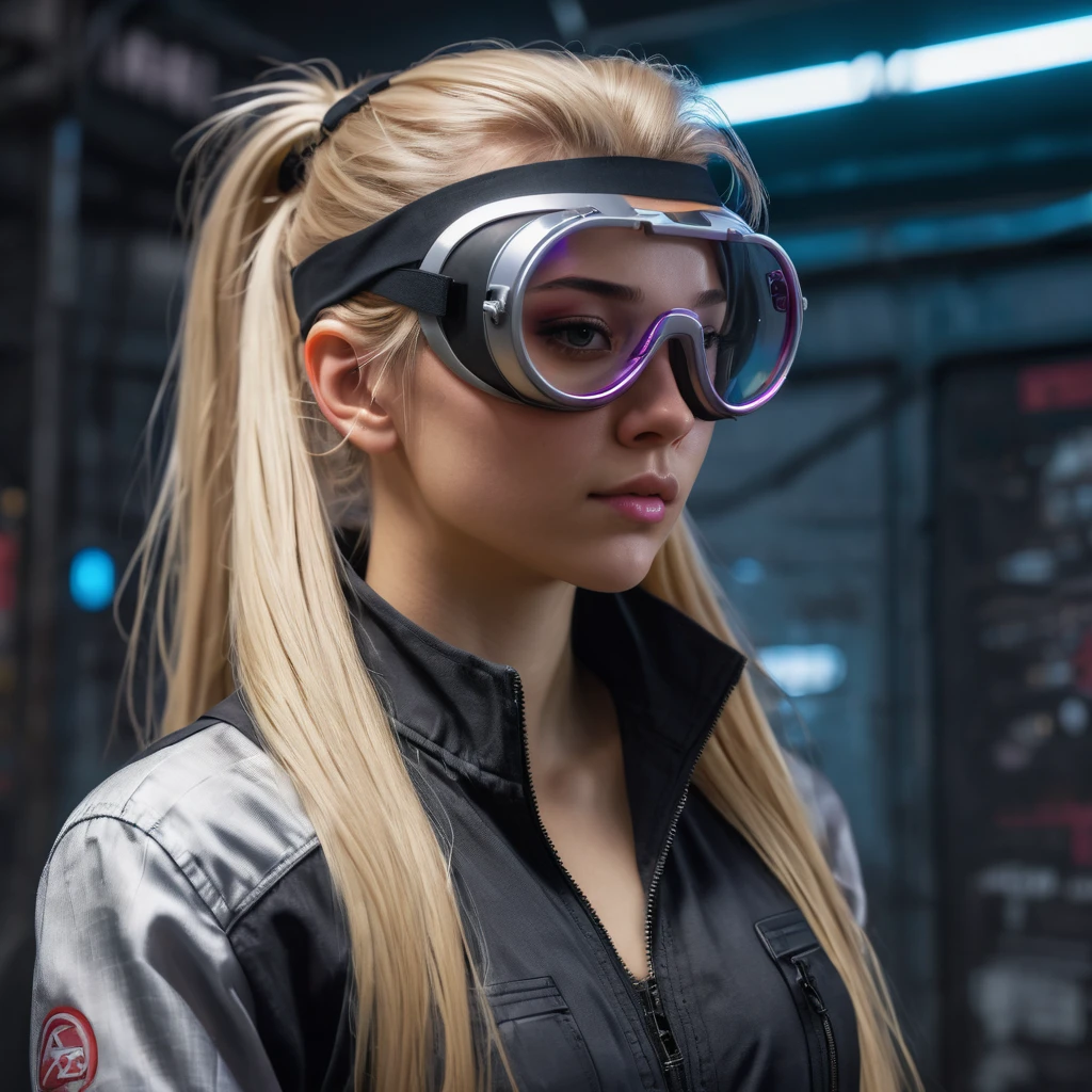 1girl, solo, long hair, looking at viewer, blue eyes, blonde hair, upper body, braid, eyelashes, single braid, mask, helmet, goggles, portrait, hair over shoulder, snow, goggles on head, snowing, realistic, winter, silver hair, braid, mask, tears, glowing eyes, makeup, open mouth, blurry, Surrealism, depth of field, sparkle, glowing light, god rays, cinematic lighting, UHD, masterpiece, best quality, 16k, award winning, textured skin