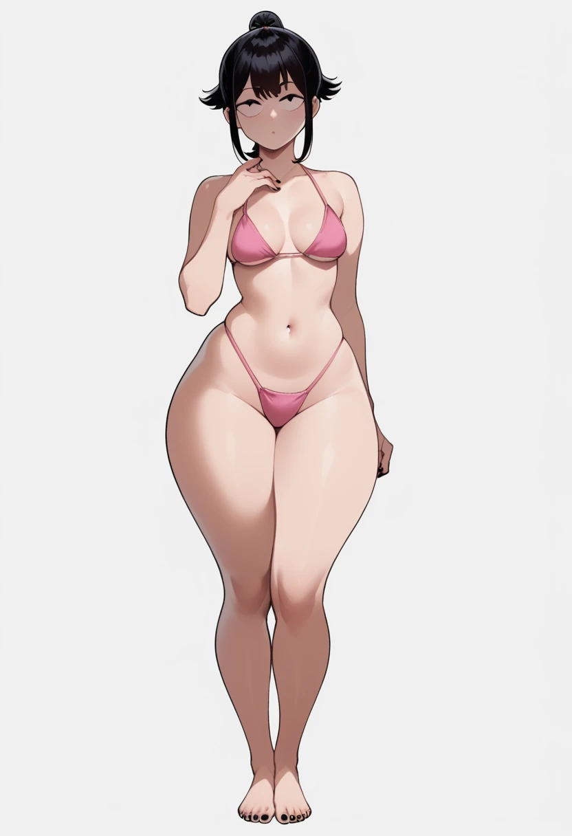 Score_9, score_8_up, score_7_up, score_6_up, source_anime, Nyantcha style, 1girl, solo, short black hair, short ponytail,  standing, sharp outline, pink bikini, medium breasts , thick thighs, big soft thighs, wide hips, thick legs, barefoot, black nail polish,small feet, full body shown, white background, , short height, round head, simple eyes, round face, thick thighs pressed together, short legs, slim waist, slim stomach, adult woman 