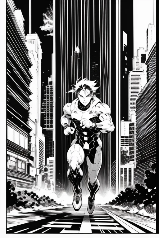 Science Fiction Manga、Black and white comics、Japanese Manga、Monochrome、 A comic strip depicting a cyborg running through a futuristic city, drawn frame by frame.