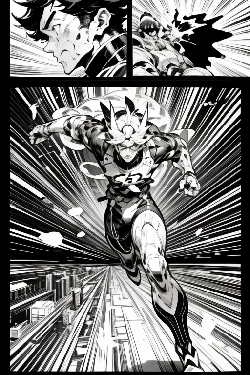 Science Fiction Manga、Black and white comics、Japanese Manga、Monochrome、 A comic strip drawn frame by frame of a cyborg man running through a futuristic city