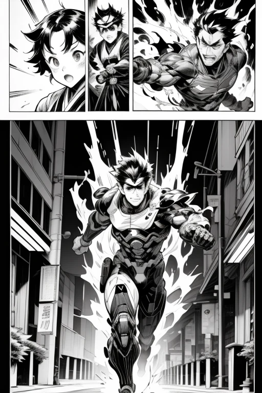 Science Fiction Manga、Black and white comics、Japanese Manga、Monochrome、 A comic strip depicting a cyborg running through a futuristic city, drawn frame by frame.