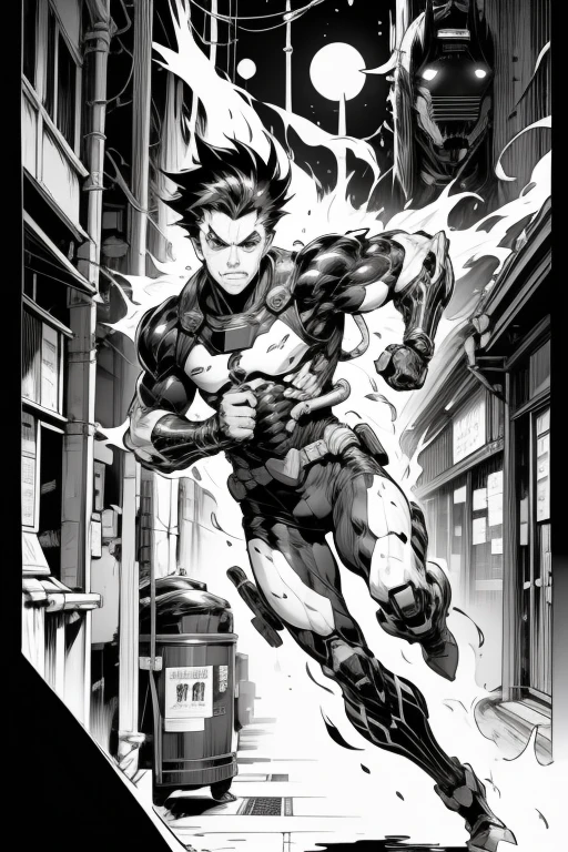 Science Fiction Manga、Black and white comics、Japanese Manga、Monochrome、 A comic strip depicting a cyborg running through a futuristic city, drawn frame by frame.