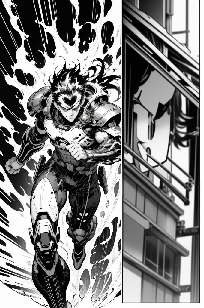 Science Fiction Manga、Black and white comics、Japanese Manga、Monochrome、 A comic strip depicting a cyborg running through a futuristic city, drawn frame by frame.