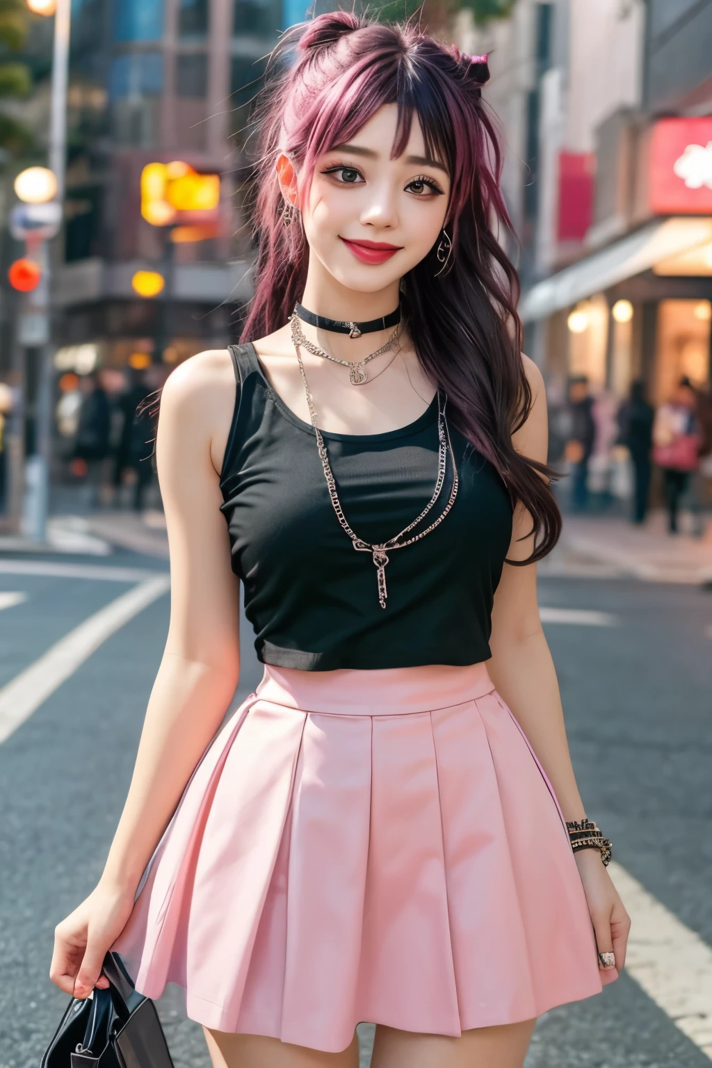 ((Masterpiece, best quality,edgQuality)),
smiling,excited, pink outfit, chain skirt,
edgPastelGoth, ,wearing edgPastelGoth
